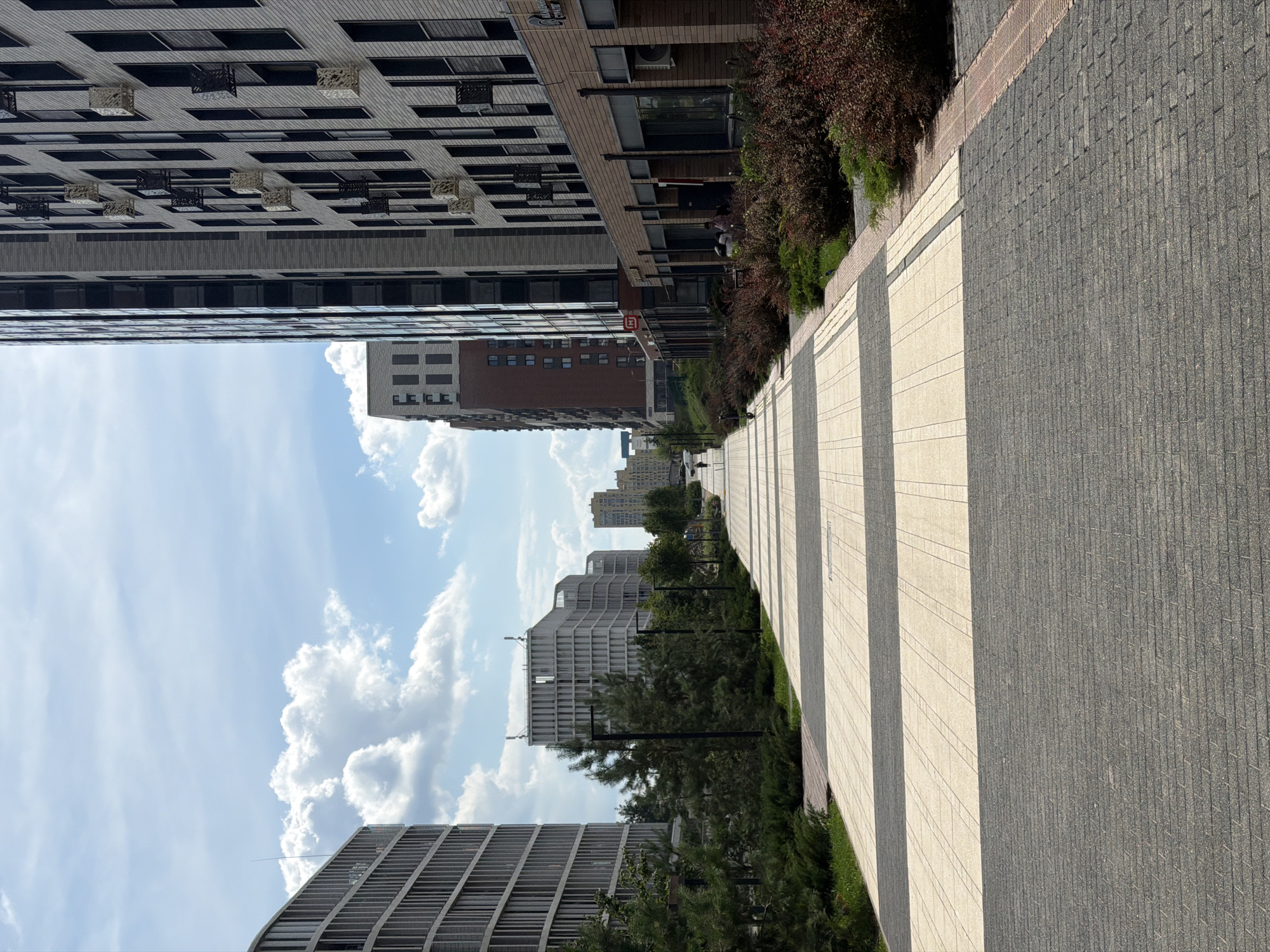 The image depicts a wide pedestrian walkway in a modern urban development. The walkway is paved with a pattern of light beige and dark grey rectangular tiles. On the right side of the walkway are modern multi-story buildings with dark windows and visible air conditioning units. There are also beds of reddish-brown bushes and some green shrubs. On the left side of the walkway, there are more modern buildings with grey facades and prominent window grids, as well as a line of coniferous trees and evergreen bushes. The sky is blue with scattered white clouds. In the distance, along the walkway, a few people are walking, and several more modern buildings can be seen. The scene appears to be a well-maintained, contemporary residential or commercial area. This location is part of the "Domashniy Oasis" residential complex in the Primorsky District of Kazan, Russia.