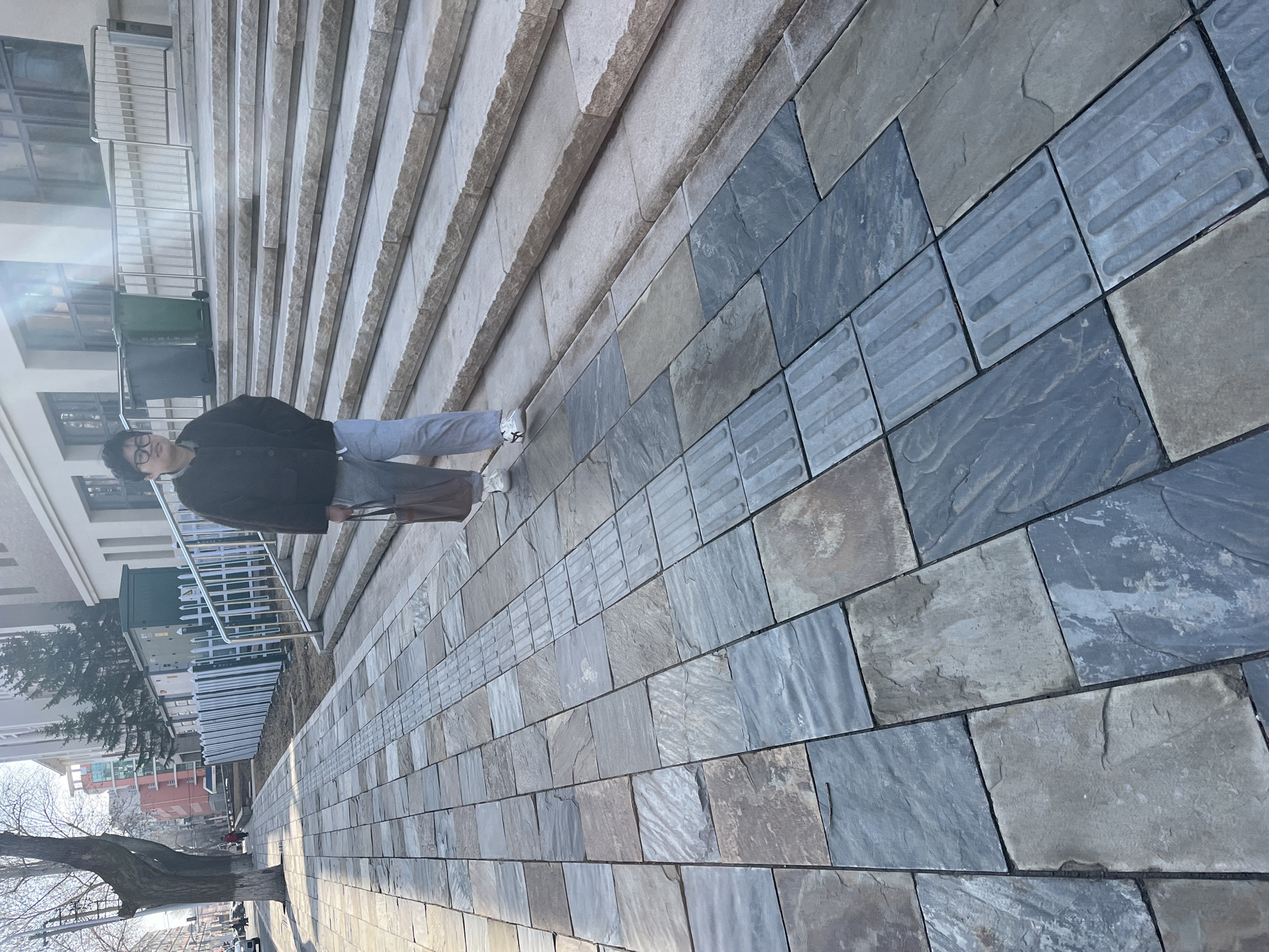 A person stands on a stone-paved area next to a set of stone stairs in Changchun City, China. The person wears glasses, a dark jacket, and light-colored pants and carries a brown bag. A row of tactile paving stones runs along the edge of the paved area. In the background, a building with windows and a railing is visible. A tree without leaves stands in the lower left corner.