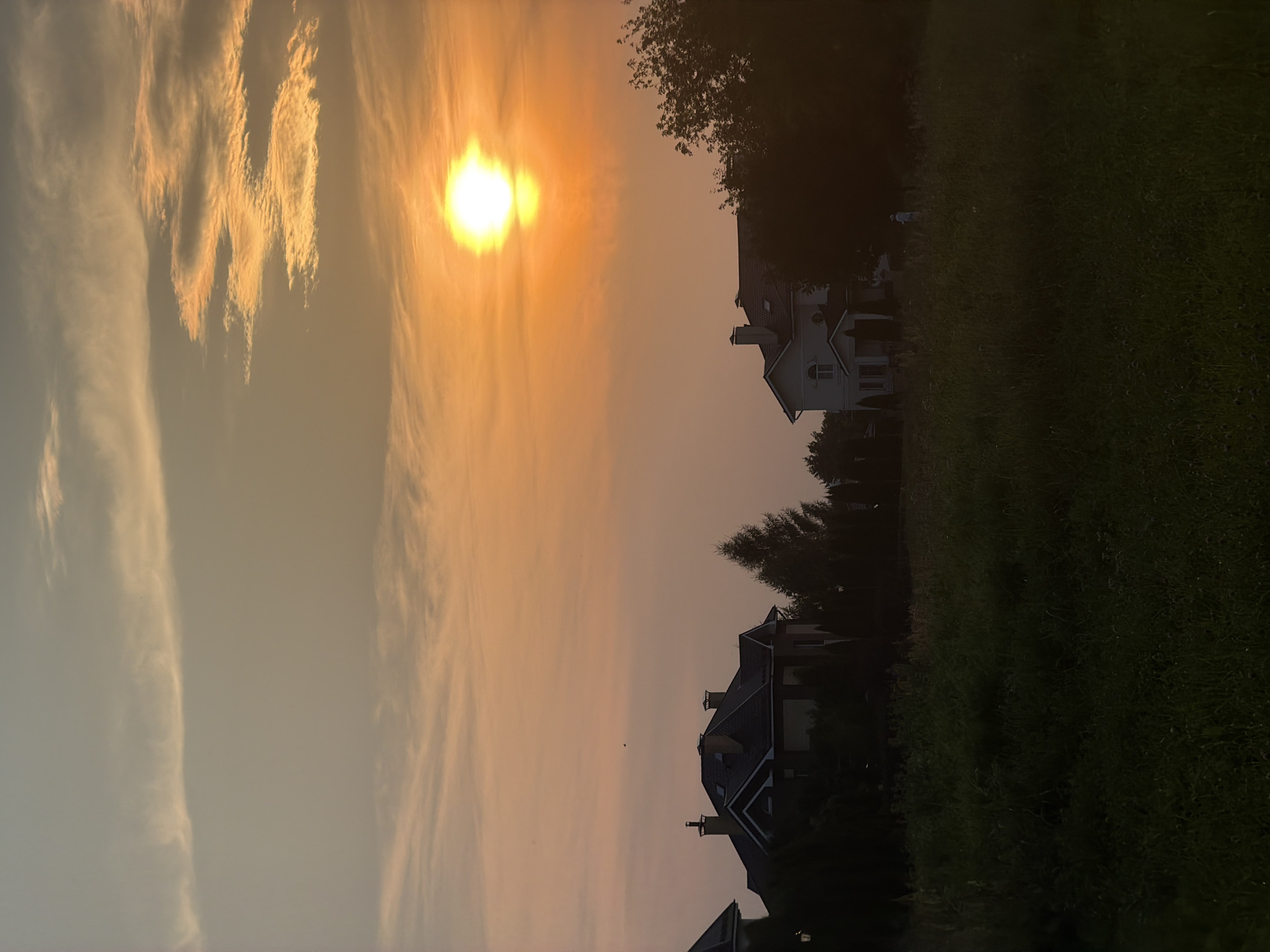 The image depicts a suburban sunset scene, possibly in Kolomna, Russia. In the foreground, a dimly lit field of tall green grass stretches across the lower half of the frame. In the middle ground, two houses are visible, silhouetted against the colorful sky. The house on the left is larger with a dark roof and visible chimneys. The house on the right is lighter in color with a distinct window configuration. Several trees and dark shrubs surround the houses. A bright, round sun is prominently featured in the upper right quadrant of the sky, casting a warm orange and yellow glow through scattered clouds. The sky transitions from a pale orange near the horizon to a lighter hue at the top of the frame, with wispy clouds scattered throughout. One small, dark object, potentially a bird, is visible in the sky above the left house.