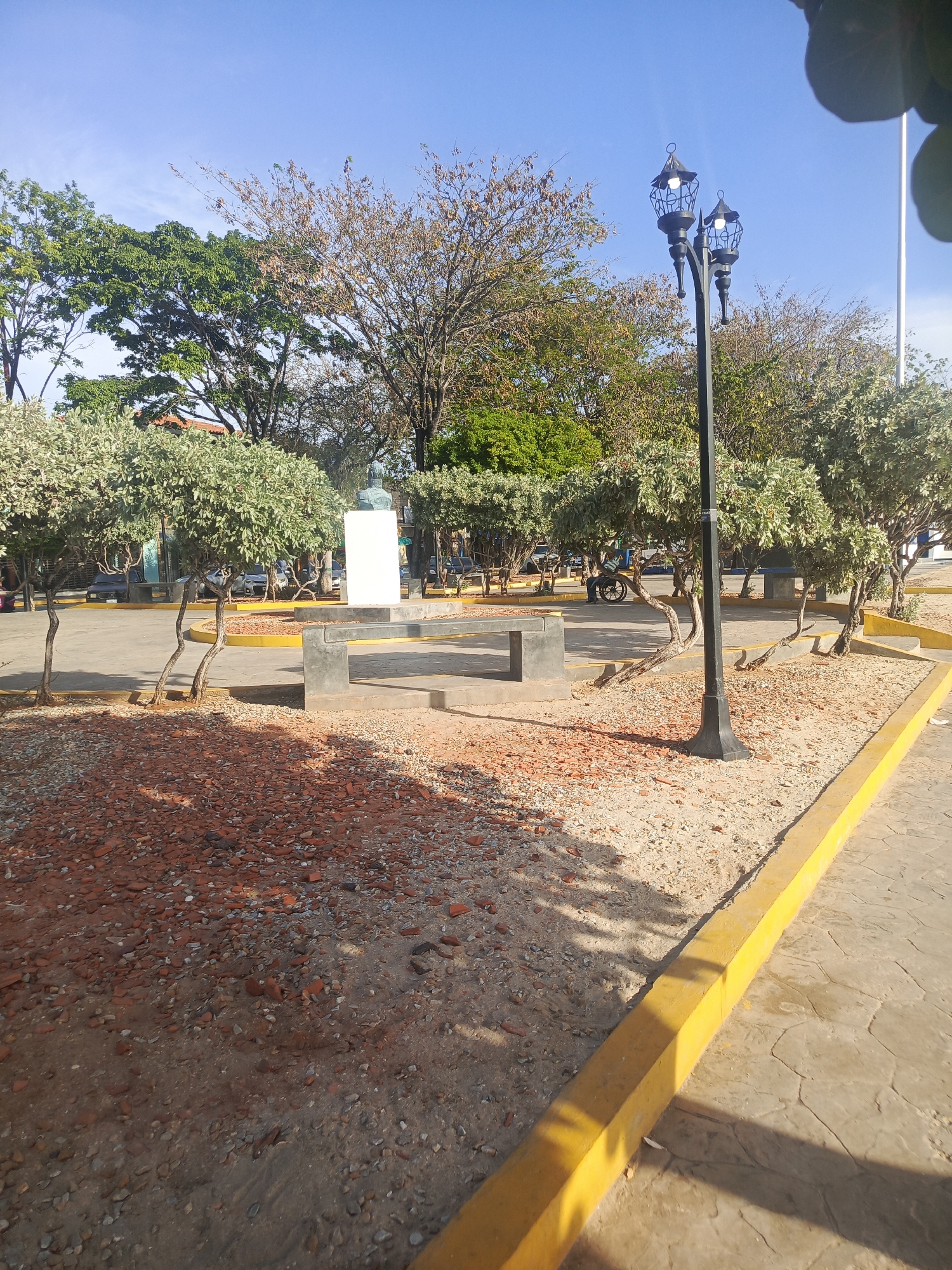 The image captures a scene in Juan Griego, Venezuela. In the foreground is an area covered with reddish-brown broken brick pieces and lighter-colored gravel leading up to a yellow painted curb. A paved area with a stamped concrete pattern is visible to the right. Further into the scene, there's a small landscaped area featuring several small trees with light green foliage, a black lamppost, and a concrete bench. In the background is a white pedestal supporting a bust. Beyond that, there are additional trees with varying shades of green and brown foliage. The sky is clear blue. No people are immediately visible in the frame.