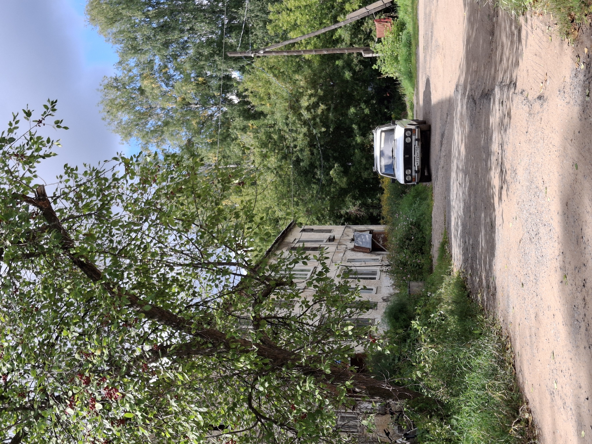 A white sedan is parked on a dirt road in front of a weathered, two-story apartment building. The building, located in Chaikovsky, Russia, has peeling paint and multiple windows. A large tree with green leaves and red berries stands in the foreground, partially obscuring the building. Lush green vegetation surrounds the building and lines the road. In the background, a dense forest of trees creates a natural backdrop, with a utility pole and wires visible to the right. The sky is partly cloudy, with patches of blue.