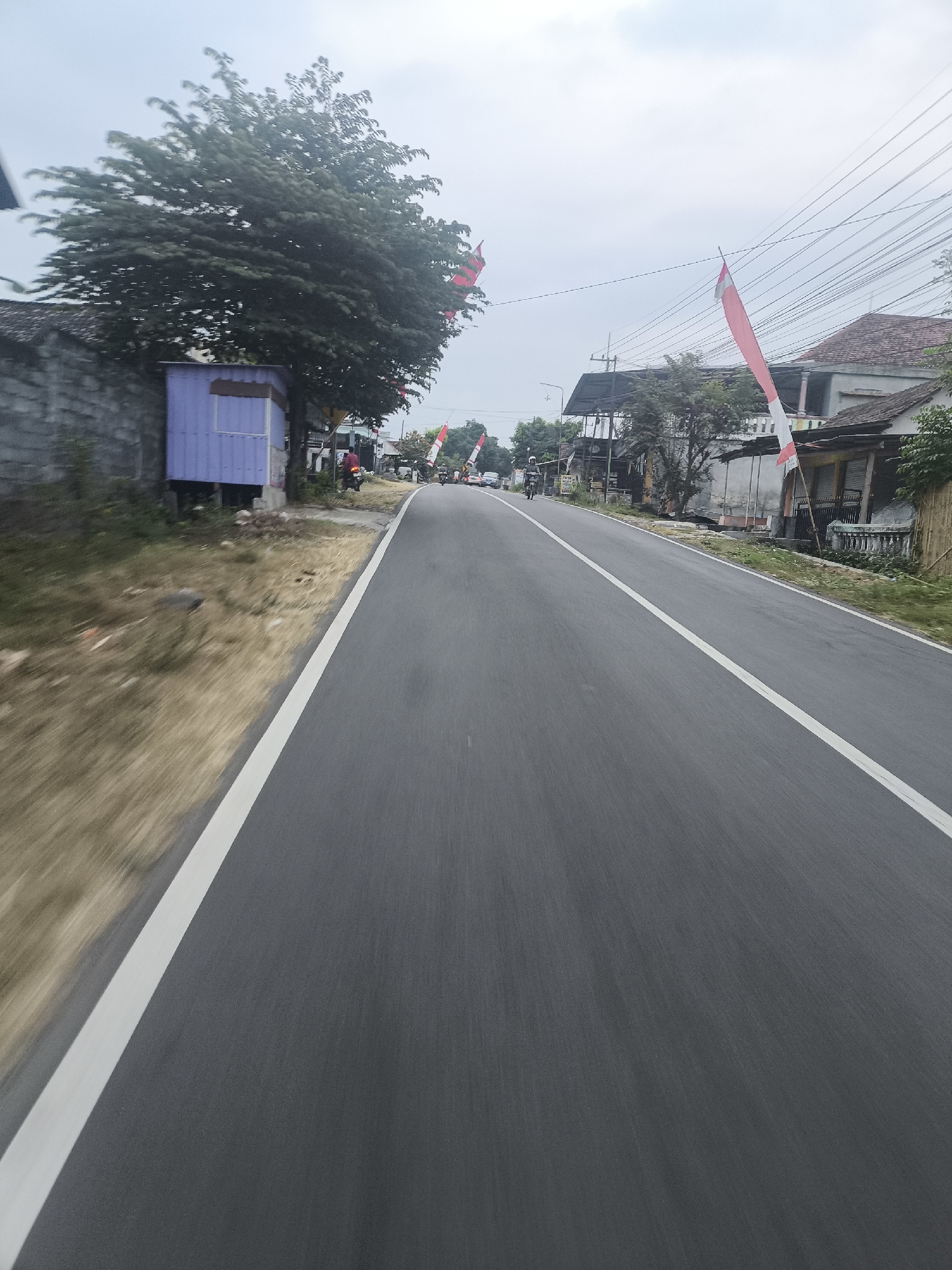 The image depicts a road in Purworejo, Indonesia, characterized by a grey asphalt surface with a white dividing line. The road is lined with buildings and vegetation on both sides, with a cloudy sky overhead. Several Indonesian flags, red and white, are visible along the roadside, suggesting a celebration or national event. A few individuals are seen on motorbikes, traveling along the road. On the left side of the road, a small purple structure is present, partially obscured by a large tree with dense green foliage. The overall scene conveys a sense of everyday life in a provincial Indonesian town.