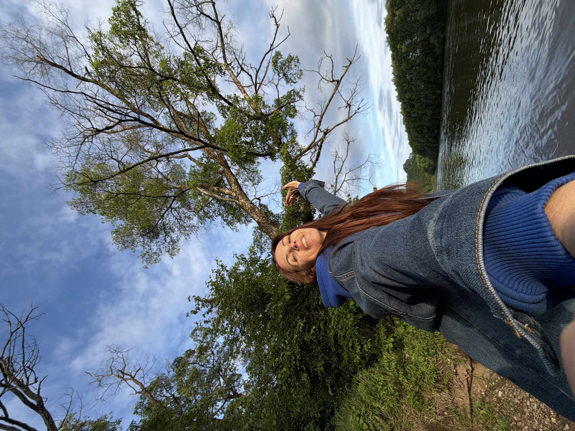 The image displays a woman taking a wide-angle selfie outdoors in a natural riverside environment, presumed to be in or near Birobidzhan, Russia. The woman, positioned in the lower-left to mid-left, has long, reddish-brown hair and is wearing a blue hooded sweatshirt under a denim jacket. She is smiling directly at the camera with her head tilted slightly. Her right arm is extended upwards and to the right, with her hand, displaying painted fingernails, reaching towards the branches of a large tree.
The environment features a prominent tree with both green leaves and bare branches extending across the upper-mid to upper-right section of the frame. Dense green foliage and other trees line the left side of the image, indicating a lush, wooded area. In the midground and background, a wide river with rippled, dark water flows horizontally. The far bank of the river is also densely forested. The sky above is partially cloudy, with patches of blue visible through scattered white, wispy clouds. The lighting suggests either early morning or late afternoon. No specific man-made structures or landmarks identifying an exact location within Birobidzhan are visible, but the scene is consistent with a natural riverside landscape.