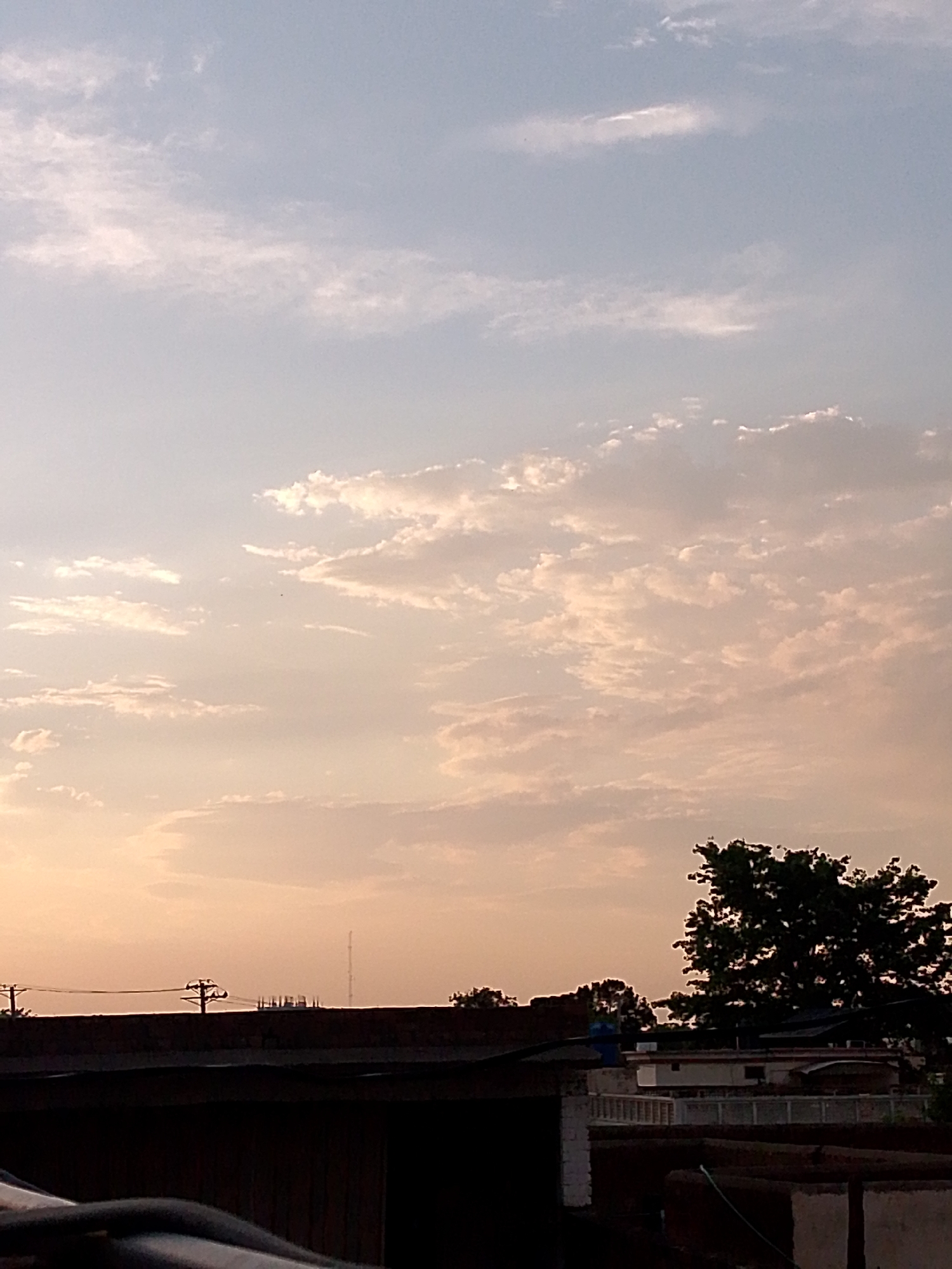 The image captures a serene outdoor scene, likely at dusk or dawn, given the soft, warm hues of the sky. The sky is a prominent subject, filled with a delicate scattering of clouds that are illuminated by the low-lying sun, creating a gentle, painterly effect. The colors transition from a pale blue at the top to warm oranges and pinks closer to the horizon.
Silhouetted against this colorful sky are several man-made structures. On the horizon, there are utility poles with wires stretching between them, suggesting a populated area. In the mid-ground, the dark shapes of rooftops and buildings are visible, with some appearing to be industrial or commercial structures, and others looking like residential buildings. A tall, slender tower, possibly a communication mast, stands out against the sky.
To the right, a large, leafy tree is silhouetted, its dark branches contrasting with the illuminated sky. The foreground is dominated by dark, indistinct shapes, possibly the roofs of vehicles or lower buildings, adding depth to the scene.
There are no people or animals clearly visible in the image. The overall mood is tranquil and atmospheric, evoking a sense of quiet observation of the natural light and the urban landscape. The weather appears calm, with the clouds suggesting a clear but picturesque sky. No text is visible in the image.
