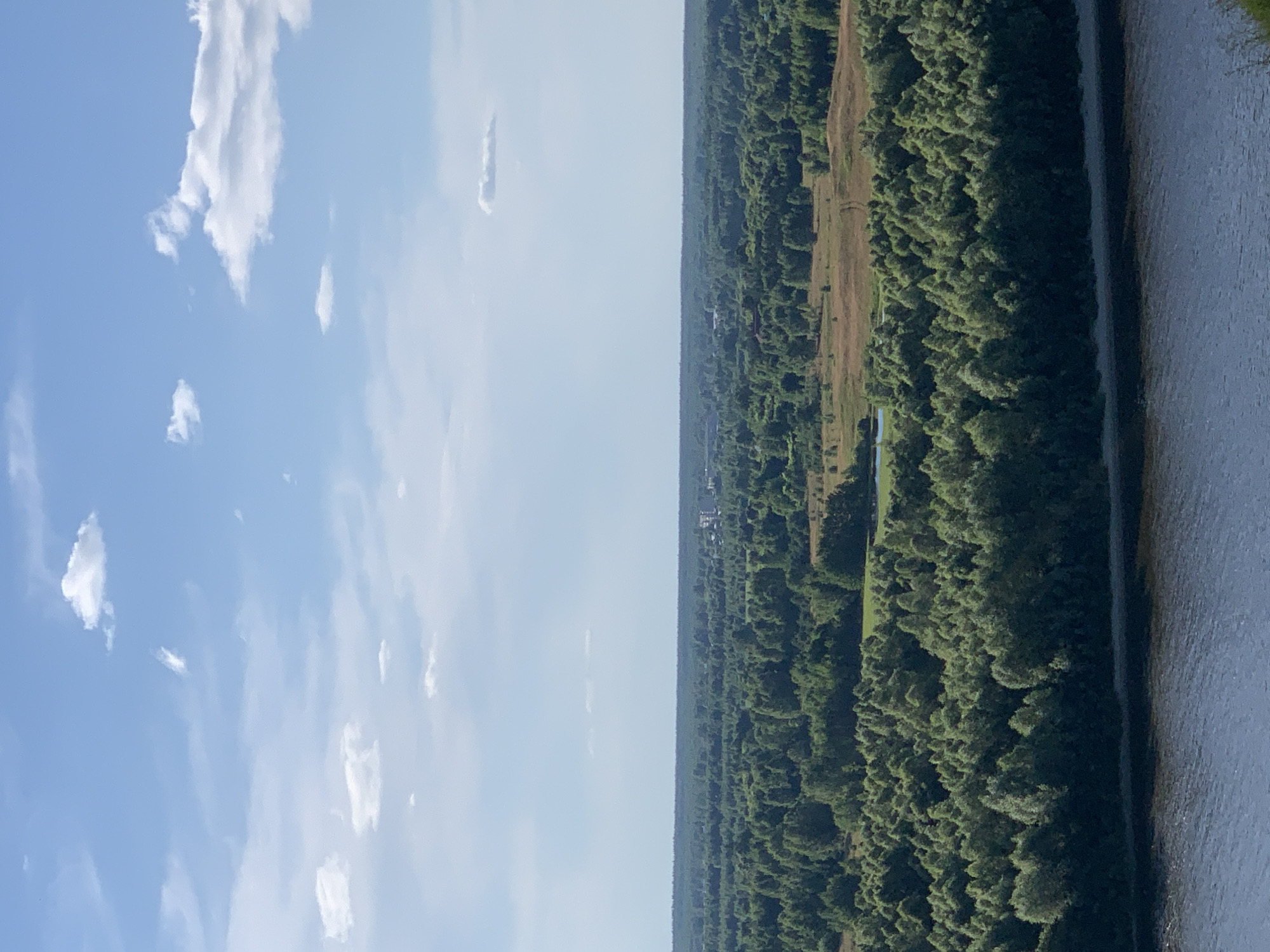 This is a vertical, landscape-oriented photograph taken from a high vantage point, possibly a drone or elevated structure. The image is split almost perfectly in half by the horizon line.
The left side of the image is dominated by a bright blue sky filled with scattered, wispy white clouds. The clouds are light and fluffy, suggesting fair weather. The sunlight is strong, casting a bright illumination on the sky.
The right side of the image depicts a dense, verdant forest stretching as far as the eye can see. The trees are a deep green, indicating a lush, healthy ecosystem. Within the forest, there are hints of open, grassy areas or fields, and a small, dark blue body of water, possibly a pond or small lake, is visible nestled amongst the trees. A thin, dark line, likely a road or path, runs along the edge of the forest, bordering a wide expanse of dark blue water on the far right. This water body appears calm, with subtle ripples on its surface. In the distance, on the edge of the forest, there are some faint, low-rise structures, suggesting a small settlement or buildings within the wooded area.
The time of day appears to be daytime, given the bright sky and sunlight. The overall mood is serene and tranquil, showcasing a natural landscape with a hint of human presence. There is no visible text in the image. The scene evokes a sense of vastness and natural beauty.