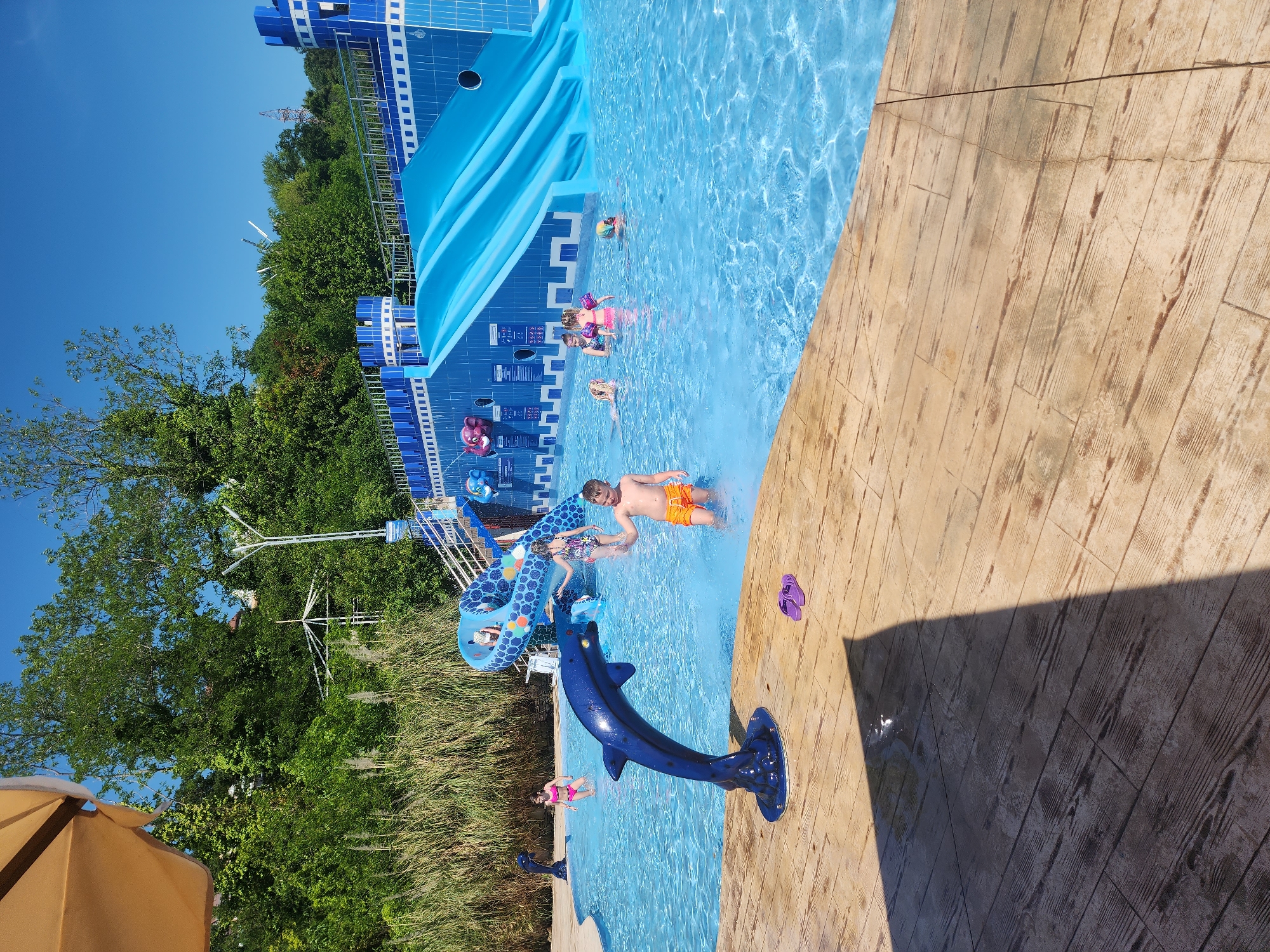 The image captures a vibrant, sunny scene at a water park or resort swimming pool in Sochi, Russia. The view is rotated 90 degrees counter-clockwise, showing a large, clear blue swimming pool with several people, mostly children, enjoying the water.
In the center-right, a light-brown, wood-textured pool deck runs along the edge of the pool. A pair of purple flip-flops rests on this deck. Dominating the background on the left is a large, elaborate blue structure, resembling a castle or ship, featuring multiple water slides and decorative elements like small, cartoonish elephant figures. A tall, blue, spotted giraffe-like water feature stands in the pool, spraying water, and a blue dolphin sculpture also sprays water near the foreground.
Several children are visible in the pool: some wearing arm floaties, wading in the shallow areas. A man in orange shorts stands in the water, facing away from the camera. Another child in a pink swimsuit is near the dolphin sculpture. The activity is clearly recreational, with people playing and cooling off in the water on a warm day.
The setting is characterized by lush, dense green trees and vegetation in the background, suggesting a natural, possibly hilly, environment. Above the trees, a clear, bright blue sky indicates sunny weather. Strong shadows on the pool deck suggest it's daytime, likely mid-morning or afternoon. White markings or text, possibly depth indicators like "245," are faintly visible on the blue structure, though most text is unreadable. A beige umbrella is partially visible on the far left. The overall mood is one of leisure and enjoyment.