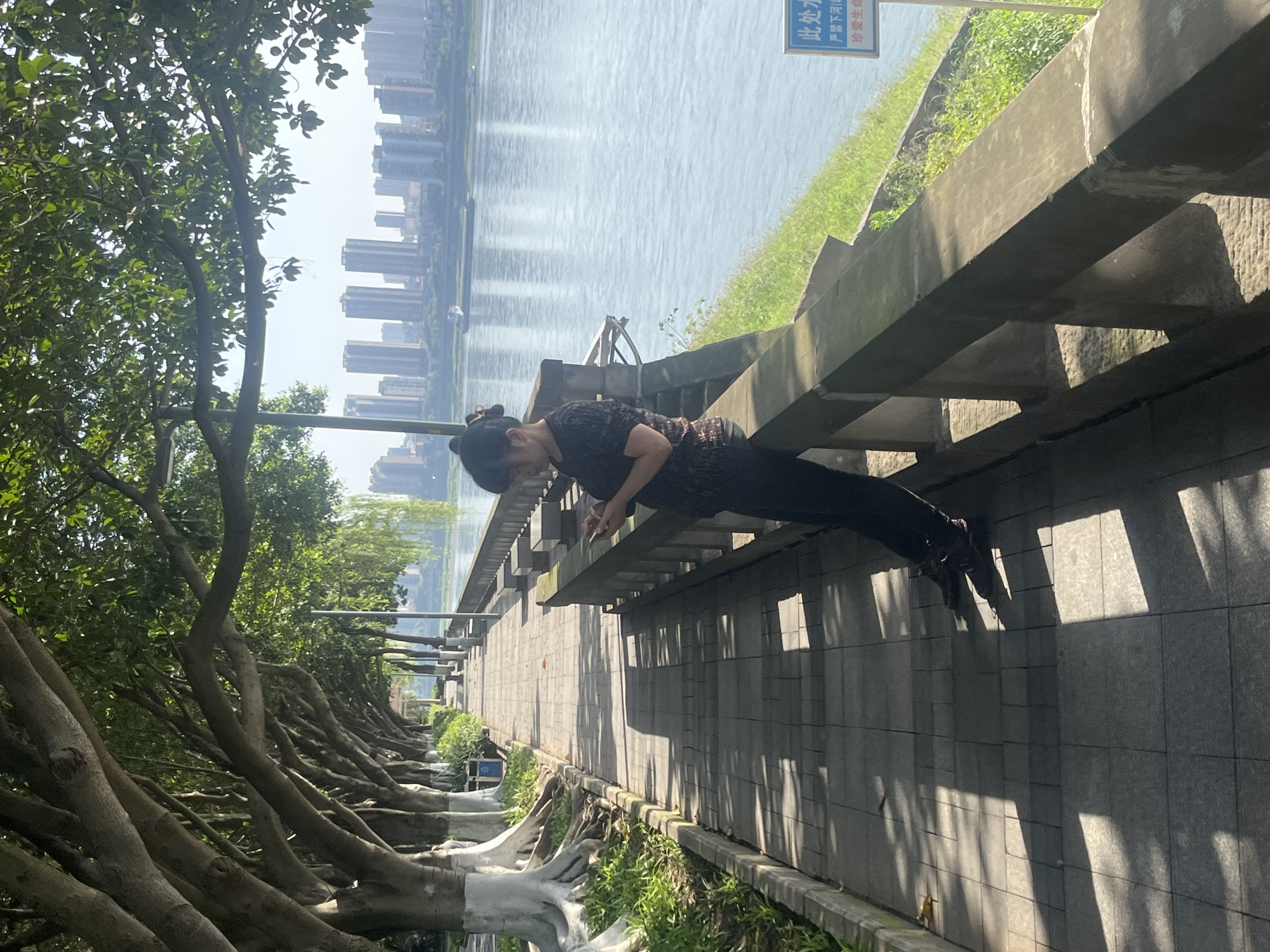 This media file depicts a riverside scene in Jiangjin, China, on a bright, sunny day. The main subject is a woman, seen from a side profile, wearing a dark patterned short-sleeved top and dark pants with her hair tied up. She is leaning over a concrete railing, looking downwards, with her hands clasped in front of her.
The setting is a paved promenade or walkway alongside a river. To the left, a row of mature trees with large, exposed roots lines the path; some roots are covered in a white substance, possibly whitewash. Lush green foliage from these trees creates shade on parts of the pathway. The pathway itself is made of grey tiles, and strong, elongated shadows of the trees and concrete structures are cast across it, indicating direct sunlight from above.
To the right of the woman and the railing is a wide body of water, likely a river, reflecting the bright sky. Across the river, a modern city skyline with numerous tall buildings is visible in the background, partially obscured by a slight atmospheric haze. A blue sign with white Chinese characters is mounted near the river's edge, partially visible behind the woman. The text on the sign reads: "此处水深危险 (The water here is deep and dangerous), 严禁下河游泳 (Swimming in the river is strictly prohibited), 珍爱生命 (Cherish your life)." The overall impression is one of a tranquil urban riverside park or path.