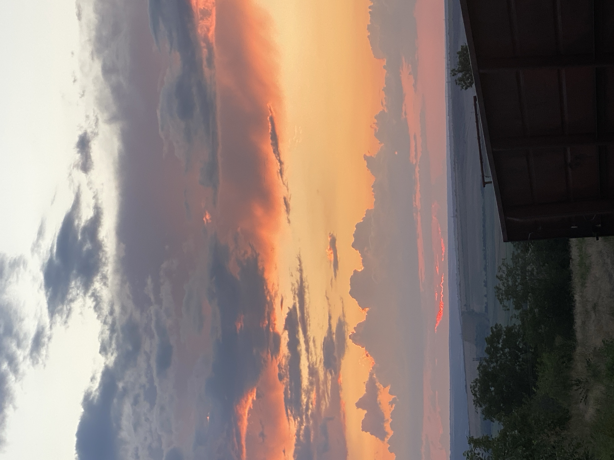 The image captures a sunset over a rural landscape, likely in or near Cairaclia, Moldova. The sky is filled with dramatic clouds, predominantly in hues of orange, pink, and grey, indicating a vibrant sunset. In the foreground, there is dark, textured material, possibly the side of a large container or vehicle, with vertical and horizontal lines suggesting panels or supports. To the left and lower section of the image, there are patches of dry grass and foliage, with several dark green trees in the mid-ground. Beyond the trees, the landscape transitions into rolling hills and fields, depicted in muted, hazy tones of green and brown, with a distant horizon line. A thin, jagged line of bright red light is visible low in the sky above the fields, possibly a sliver of the setting sun. The overall scene is one of a natural, serene sunset in a semi-rural or agricultural setting. There are no people visible in the image.