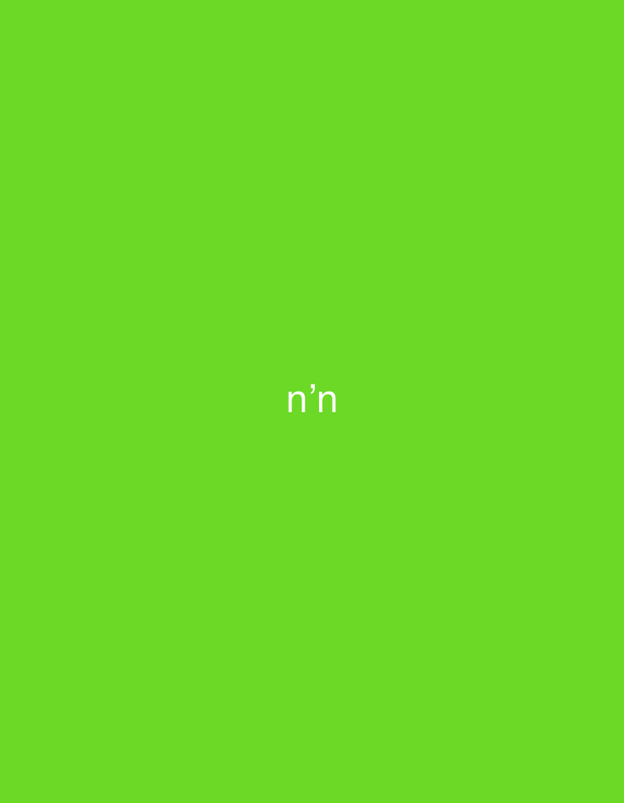 The image displays a plain, solid lime green background. Centered horizontally and vertically on this background are two lowercase 'n' characters separated by an apostrophe, forming the text "n'n". The text is rendered in a light grey or white color. No other subjects, objects, people, or discernible environmental details are present. The visual information within the image does not provide any indicators of a physical location, including Casablanca, Morocco.