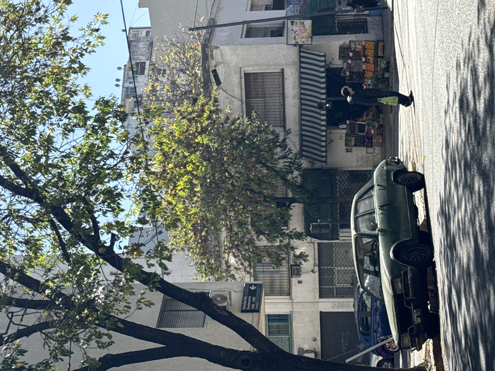 The image captures a Buenos Aires street scene in Argentina. A person walks on the sidewalk near a fruit and vegetable stand with a striped awning. A green car is parked at the curb. A blue car is parked behind the green car. Trees are present on the left side of the image. A street sign "Sanchez De Bustamante" 1200-1300 is visible on a building facade. The environment appears to be urban, with buildings of varying heights and architectural styles. The shadows on the street indicate sunlight, potentially during the day.