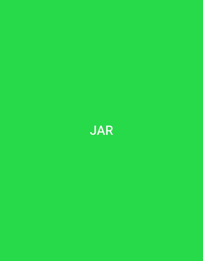 The image displays a flat, monochromatic green background. Centered within this field is the uppercase English word "JAR," rendered in plain white, sans-serif text. No other visual elements, individuals, objects, actions, interactions, or environmental details are present. The vibrant green color is uniform across the entire frame.