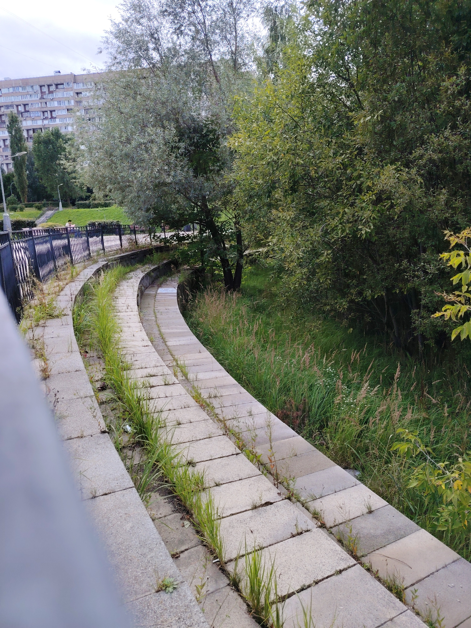 The image depicts a view of a curved, tiered concrete walkway alongside a body of water, possibly a canal or small river. The walkway is overgrown with grass and weeds, suggesting it is not actively maintained. In the background, a large, multi-story apartment building is visible, characteristic of Soviet-era architecture. The surrounding area is lush with trees and tall grass. A black metal fence runs along the top of the walkway, separating it from a grassy embankment. A single person is visible walking on the embankment behind the fence. The sky is overcast. The scene is likely located in Zelenograd, Russia, given the architectural style of the building and the overall urban-greenery landscape.