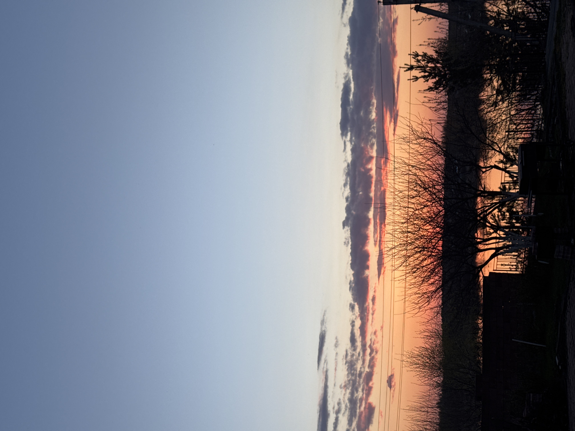 The image captures a view of Bol'shoye Kozino, Russia, at dusk or dawn. The sky is predominantly a light blue on the left, transitioning to a vibrant orange and pink hue on the right, where clouds are concentrated. In the foreground, silhouetted trees and vegetation are visible. Utility poles and lines cut across the sky. The image is oriented vertically.