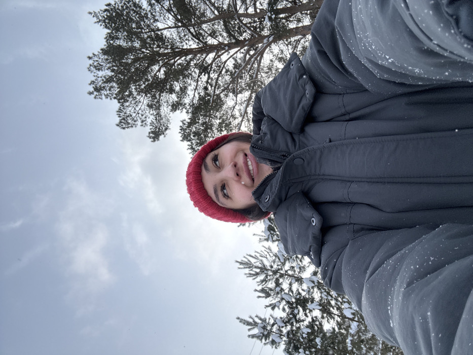 A female individual is depicted in a close-up, upward-angled selfie, positioned outdoors in a snowy environment within the city of Sysert, Russia. She is wearing a red knitted beanie and a dark gray or black puffer jacket, both visibly dusted with numerous small snowflakes. Her dark hair is visible beneath the beanie. Her face exhibits a slight smile, and her gaze is directed upwards and to the right of the frame. The background consists of snow-covered pine trees under an overcast sky with discernible cloud formations. Faint utility lines are present in the far left background. Small, individual snowflakes are visible throughout the foreground and midground, indicating active snowfall.