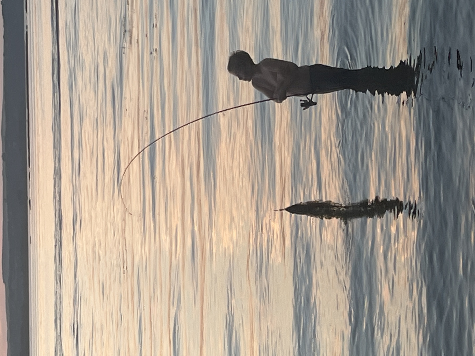 A silhouetted person is fishing in calm water. The person is standing in the water, holding a fishing rod that arches to the left. Their reflection is visible below them as a dark, distorted shape. The water has subtle ripples and reflects the light from the sky, creating vertical streaks of light and shadow. The overall scene suggests a peaceful, outdoor setting. The time of day appears to be either sunrise or sunset, given the soft, warm tones mixed with cooler blues and grays in the water's reflection, indicating diffused light. There is no visible text in the image. The location is identified as Shumeika, Russia.