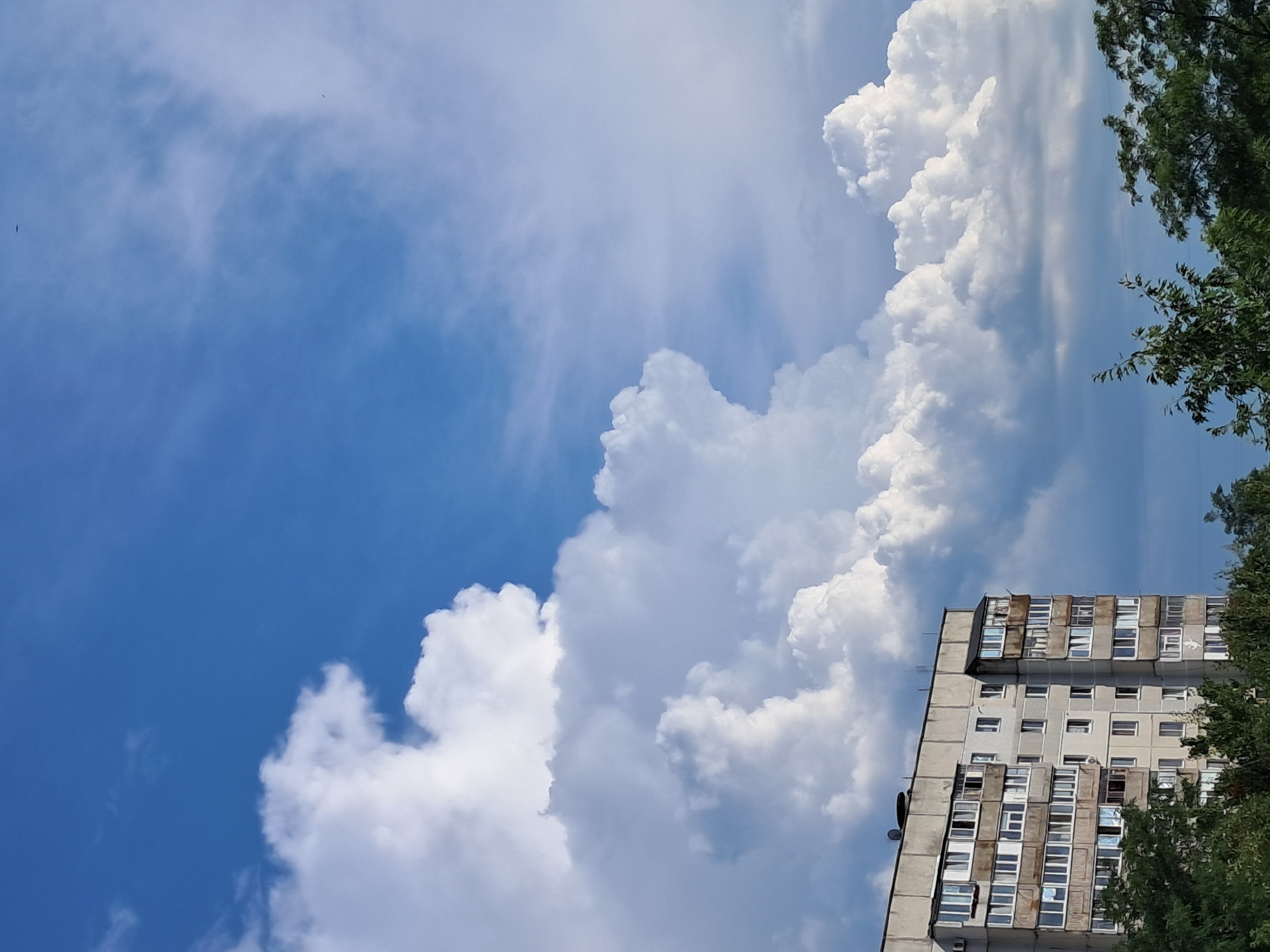 A tall, gray, apartment building with many windows and balconies stands in Smila, Ukraine. Green trees line the bottom of the frame in front of the building. Above the building, large, fluffy white clouds fill a bright blue sky. Two small dark objects, possibly birds or insects, are visible in the upper portion of the sky. The building appears to be residential, and the overall scene suggests a clear, sunny day with significant cloud cover.