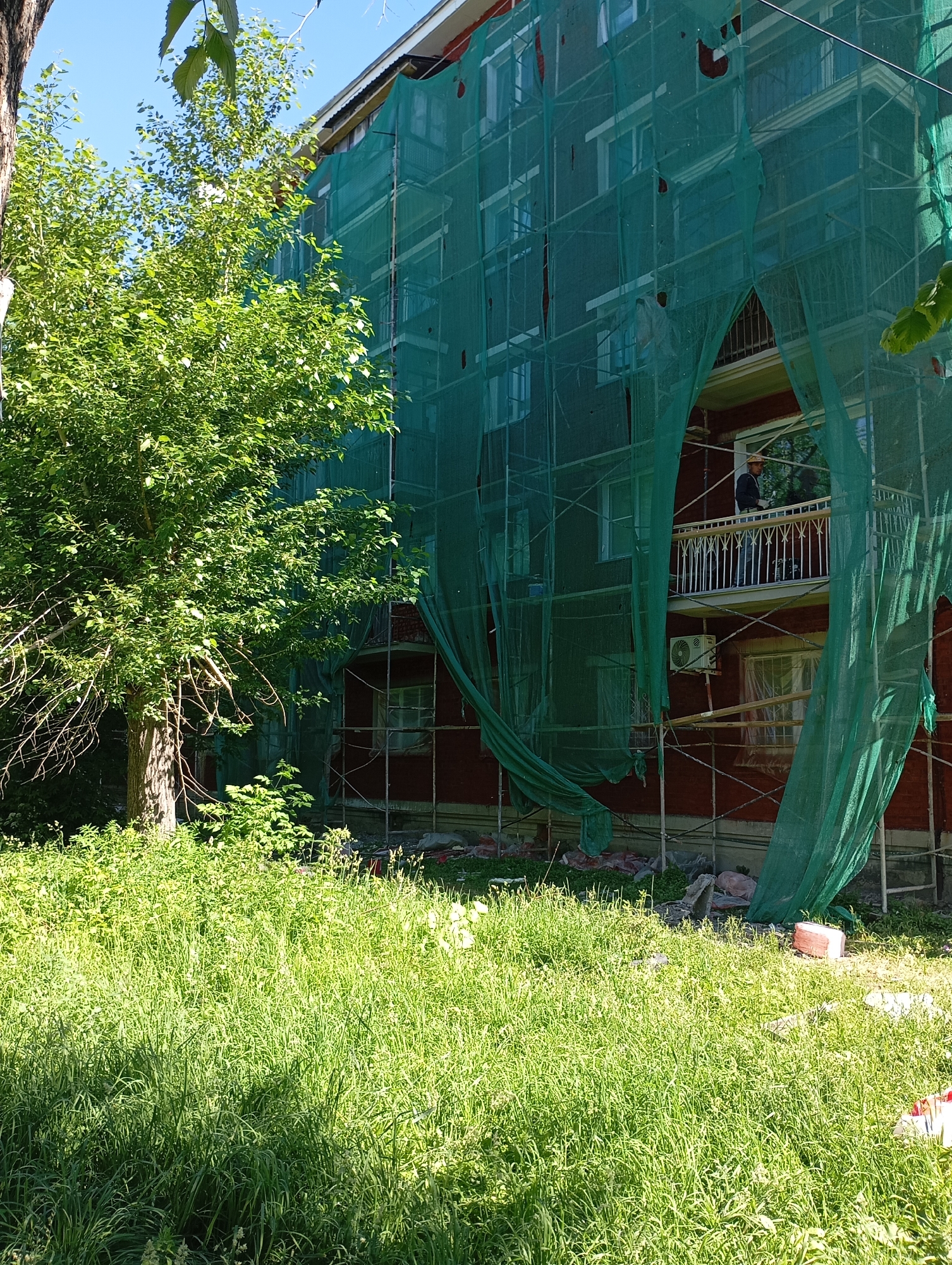 In Novosibirsk, Russia, a building is undergoing renovation. The structure is partially covered with a green mesh netting, and scaffolding is visible. A person, possibly a construction worker, is standing on a balcony on an upper floor. The building's facade is brick, and there are windows and an air conditioning unit. In the foreground, there is tall, overgrown green grass with some wildflowers. A large tree with green leaves stands to the left of the building. The sky is clear and blue.