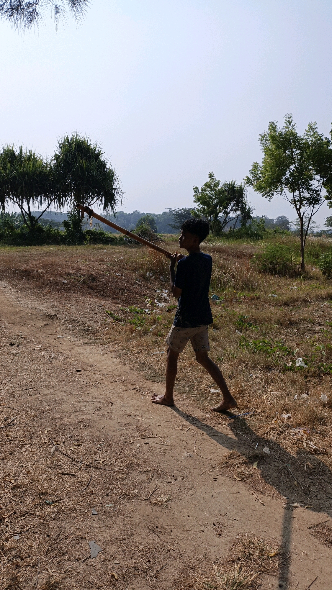 A young boy, appearing to be of South Asian descent, stands on a dirt path in a rural area with dry grass and scattered debris. He is wearing a dark blue t-shirt and light-colored shorts with a patterned design. The boy is holding a long, light-colored wooden pole horizontally with both hands, as if preparing to swing or balance it. His body is angled to the right, and he is looking forward. Behind him, there are various types of trees and vegetation, with a clear, light-colored sky in the background. The scene suggests an outdoor environment, possibly a field or a less-developed area. The location is identified as Cikal, Indonesia.