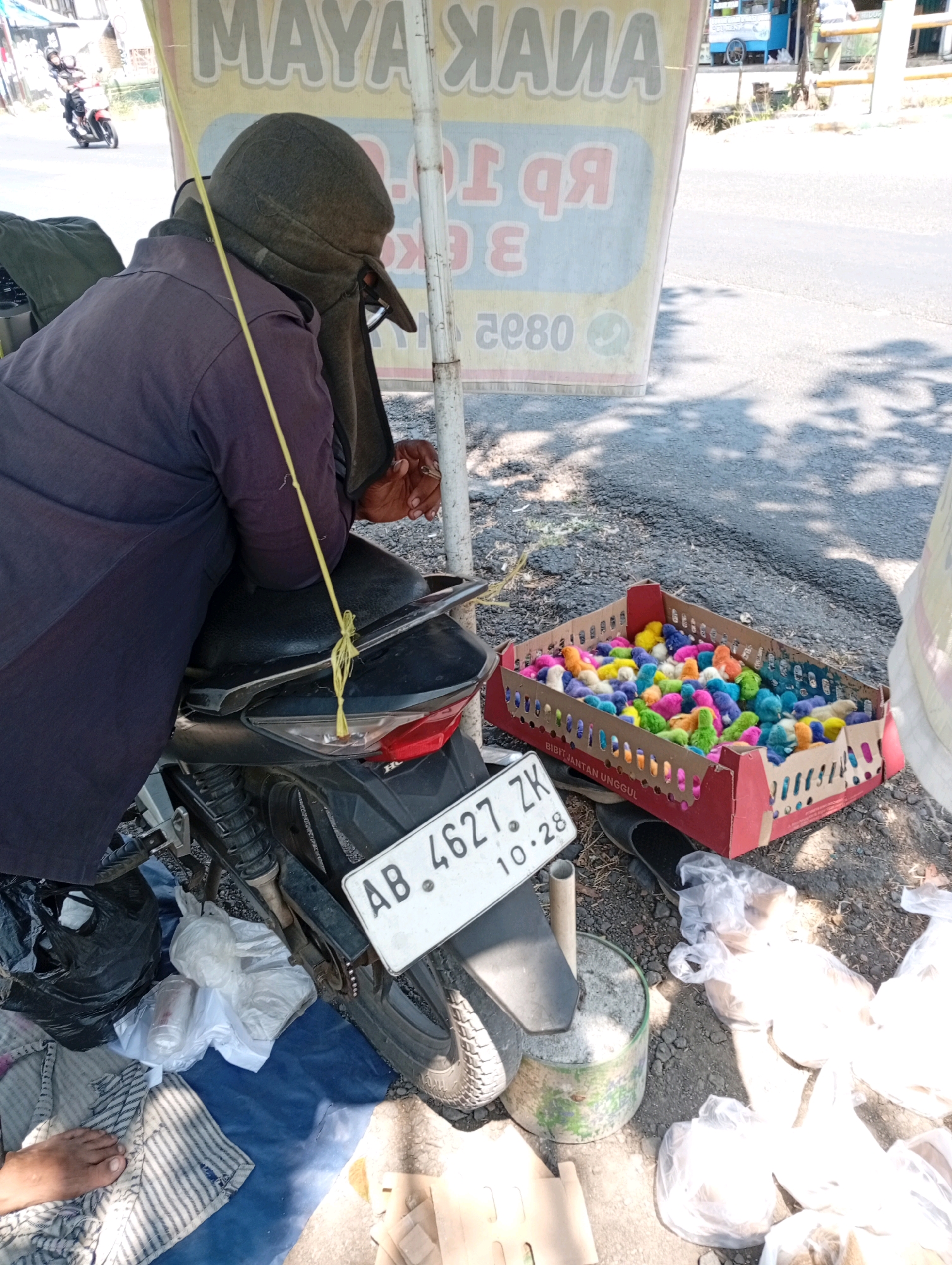 In Playen, Indonesia, a person wearing a dark jacket and a head covering sits on a black motorcycle. In front of them, a cardboard box is filled with many brightly colored baby chicks. A license plate on the motorcycle reads "AB. 4627. ZK. 10.28." The scene is outdoors, with a paved road and shadows from trees visible on the ground. A large banner with text is behind the person and the motorcycle. Bags and other items are scattered on the ground around the motorcycle and box.