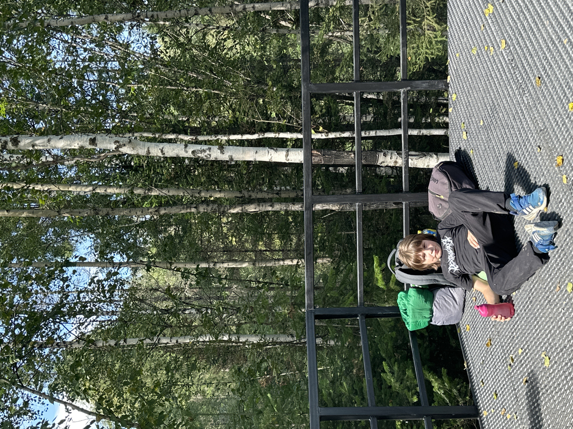 A young boy with light brown hair is lying down on a metal platform in front of a dense forest. He is wearing a black t-shirt with a graphic print, black pants, and blue and white athletic shoes. To his left are two backpacks, one grey and one black, and a green sleeping bag. A pink water bottle is in his left hand. The platform has a metallic, textured surface with fallen leaves scattered across it. The background is filled with numerous birch trees with white bark and green foliage, interspersed with darker green coniferous trees. A black metal railing runs along the edge of the platform, separating it from the forest. The sky is visible through the trees, appearing blue and sunny.