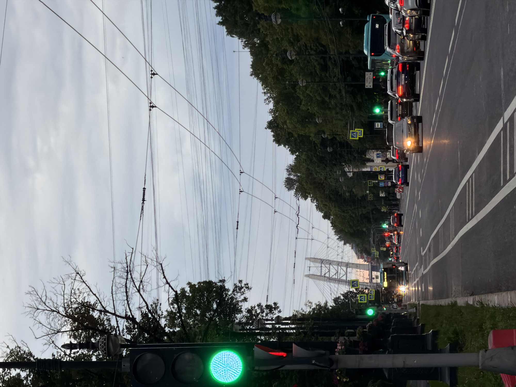 The image depicts a wide, multi-lane street in Saint Petersburg, Russia, likely on a cloudy day. A traffic light in the foreground is green, with a red light visible beneath it. A bare-branched tree with sparse foliage is to the left of the traffic light. Overhead, numerous electrical wires crisscross the sky, indicating the presence of public transportation like trams or trolleybuses.
The street is busy with vehicular traffic. A blue bus with the number "232" visible on its back is in the right lane. Cars of various makes and models are proceeding in both directions. Some cars have their headlights on, suggesting low light conditions or dusk. Pedestrian crossing signs are visible on the right side of the street.
Dense green trees line the right side of the street, forming a canopy. In the distance, a distinctive cable-stayed bridge with a white lattice structure is visible, a characteristic landmark of Saint Petersburg. Several lampposts with ornate tops are also present along the sidewalk. The road surface is asphalt, marked with white lane lines. The overall impression is that of an urban environment experiencing moderate traffic flow.