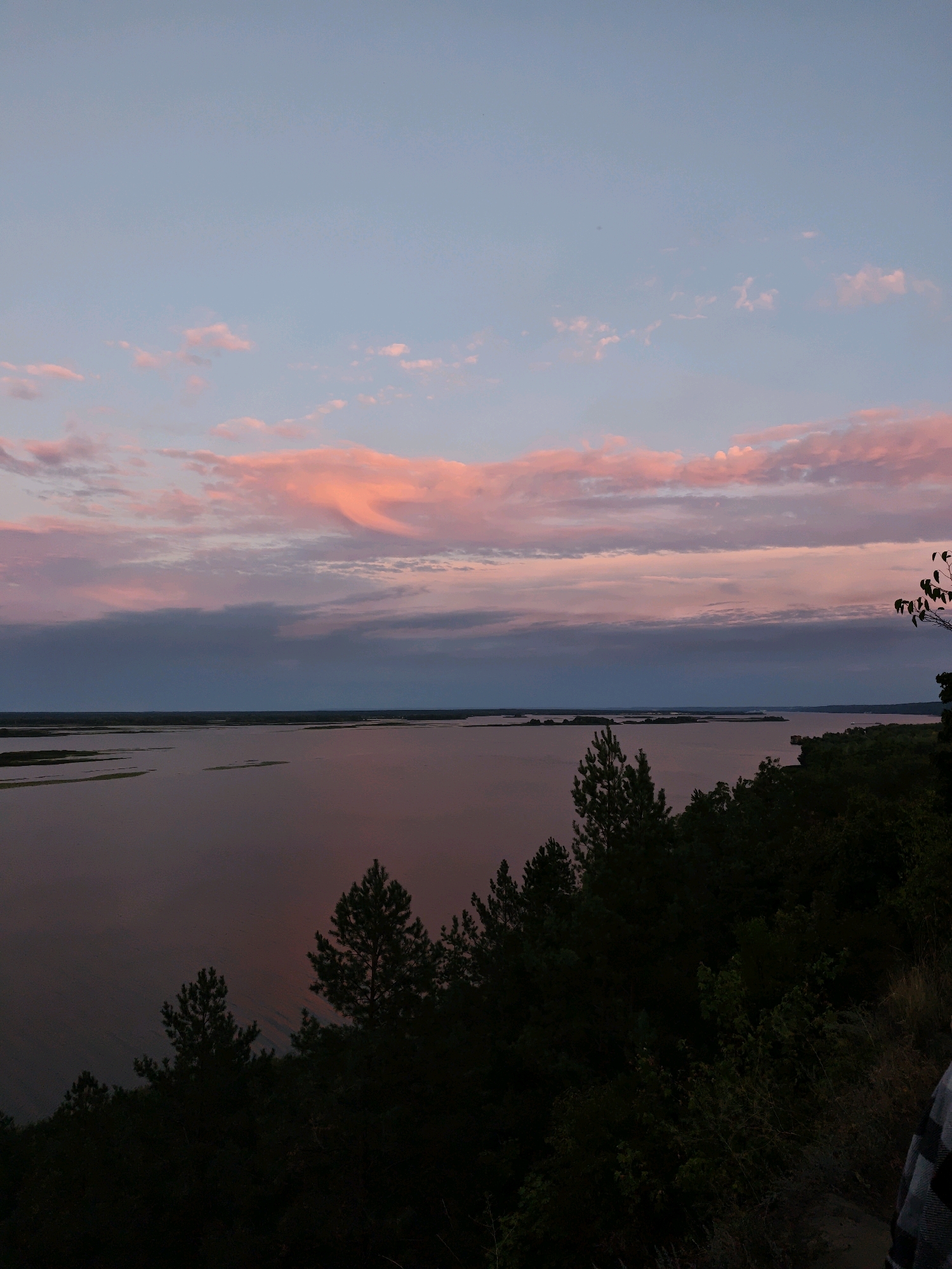 The image depicts a serene landscape at dusk, overlooking a wide river and a distant tree-lined horizon. The sky is a canvas of soft pastels, with delicate pink and lavender clouds scattered across a pale blue expanse, indicating the fading light of sunset. A vast body of water, reflecting the muted colors of the sky, dominates the middle ground. Several small, vegetated islets break the surface of the river, adding texture to the scene. The foreground is a dark silhouette of lush, green trees and foliage, suggesting the viewpoint is from an elevated position on a hill or cliff overlooking the water. A small portion of a person wearing a plaid shirt is visible on the far right edge of the frame, standing on what appears to be a dirt path. The overall atmosphere is tranquil and picturesque, characteristic of a natural landscape at twilight. This scene is consistent with the natural beauty of Vytachiv, Ukraine, known for its picturesque views of the Dnipro River.