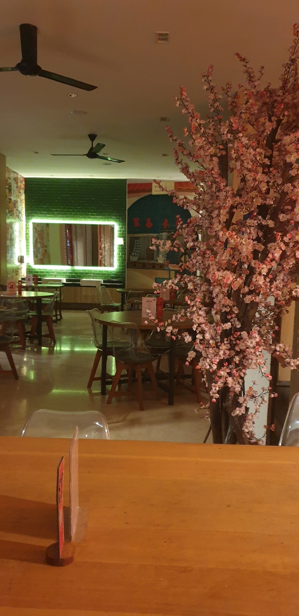 The image depicts the interior of a dimly lit restaurant, possibly a cafe or a dining establishment. The overall ambiance is warm and inviting, with a focus on artificial floral decorations.
Dominating the right side of the frame is a large, artificial cherry blossom tree with numerous pink and white flowers, reaching towards the ceiling. The tree's trunk is dark and textured.
In the background, the restaurant features several round dining tables, each with transparent chairs. The tables are set with what appear to be menu holders or small display stands. The floor is polished and reflects the ambient light, creating a glossy surface.
Behind the tables, a wall is decorated with colorful murals and a large, illuminated rectangular mirror framed by neon green lighting. The wall also features a section of green tiled bricks. Two ceiling fans are visible on the white ceiling, one larger and closer to the camera, and another smaller one further back.
In the foreground, a wooden surface, likely a table, occupies the bottom portion of the image. On this surface, a small wooden stand holds two clear display cards, one of which has a red element.
The lighting is low and warm, with spotlights highlighting certain areas like the mirror and the floor. The scene appears to be devoid of any people, suggesting it was taken during off-hours or when the establishment was closed. The style of the decor, particularly the cherry blossom tree, might suggest an East Asian influence or theme.
The location of this establishment is in the city of Bandung, Indonesia.