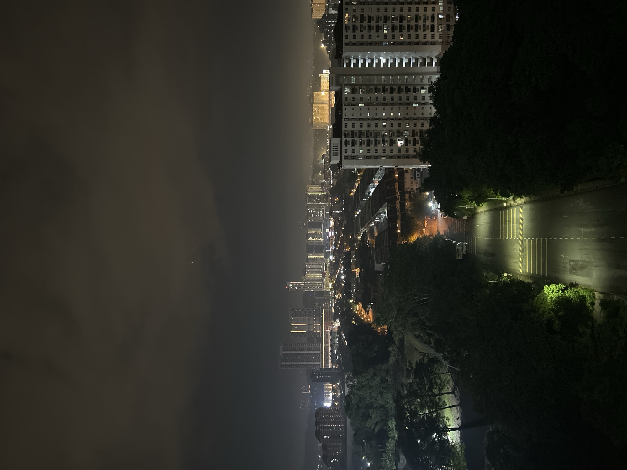 The image depicts a nighttime cityscape. On the left side, a dense fog obscures much of the view. In the center, a line of illuminated buildings, likely residential or commercial, stretches into the distance. These buildings decrease in size with perspective, suggesting distance. On the right, a dark, tree-lined road is visible. Yellow markings are visible on the road surface. The buildings nearest the camera are tall apartment blocks. Given the provided location, this scene may represent a view from a high point overlooking Subang Jaya. There are no people visible in the image.