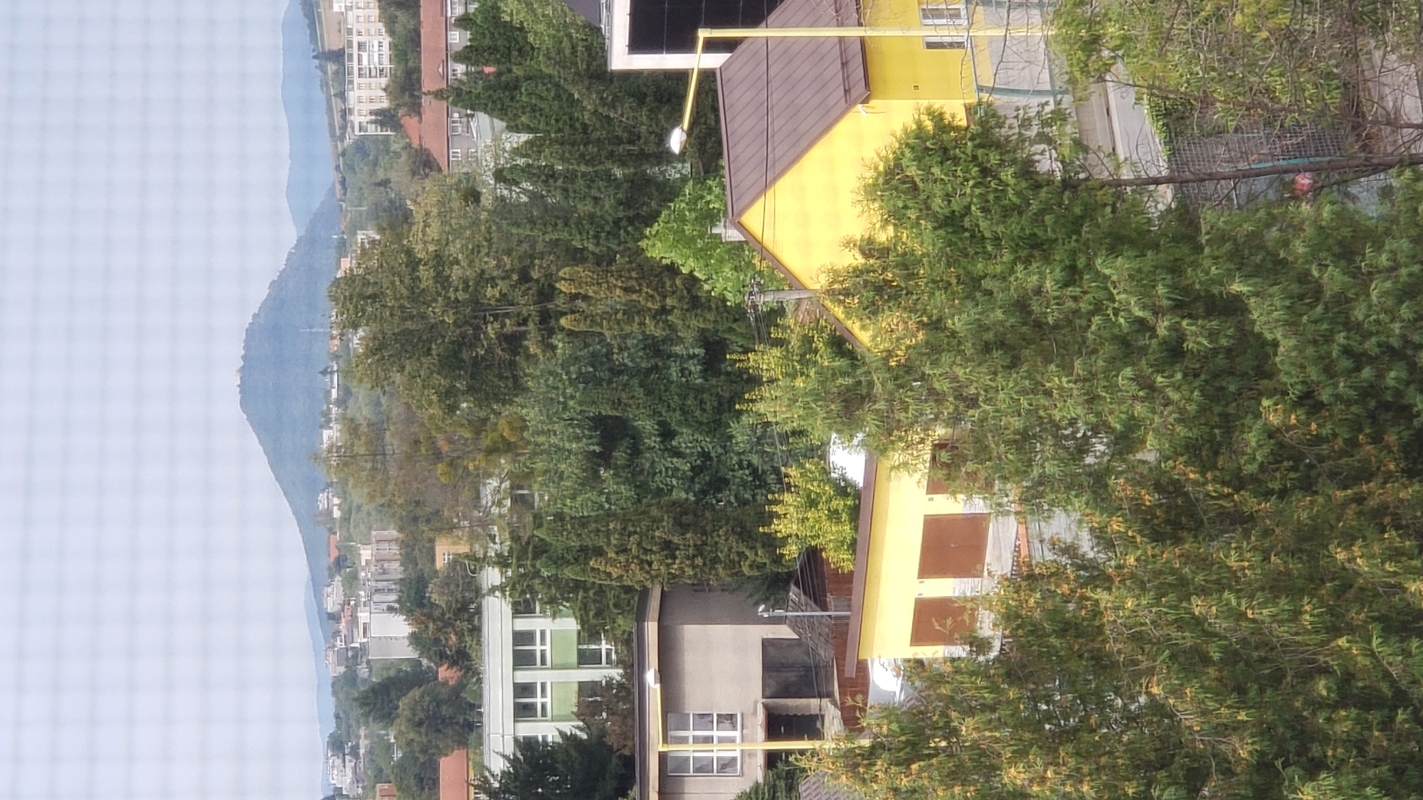 The image depicts a cityscape with a prominent hill or mountain in the background. In the middle ground, there are several buildings of varying sizes and architectural styles, interspersed with dense foliage and trees. The foreground is dominated by lush green trees, partially obscuring the buildings and structures behind them. The sky appears overcast.
Based on the visual cues, this scene is likely located in Prešov, Slovakia. The distinctive conical shape of the hill in the background, often referred to as Šariš Castle Hill (Šarišský hrad), is a landmark visible from many parts of the city. The urban landscape with mid-rise buildings and surrounding greenery is consistent with the appearance of Prešov.
Specifically, the buildings visible in the image could include residential blocks, smaller commercial or public buildings, and possibly garages. The presence of the Šariš Castle Hill suggests a vantage point within or near the city of Prešov, potentially from a higher elevation or an apartment building overlooking the surrounding area. The scene is devoid of any visible people or overt human activity. The overall impression is a snapshot of a residential or mixed-use area within the city of Prešov, with the natural landscape playing a significant role in the composition.