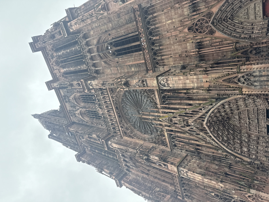 The image depicts the elaborate Gothic facade of the Cathédrale Notre-Dame de Strasbourg, located in the city of Strasbourg, France. The perspective is upward-looking, emphasizing the towering height and intricate details of the structure against an overcast, light gray sky. The cathedral is constructed primarily from reddish-brown sandstone, exhibiting weathered surfaces.
Key features observed include:
* A large, intricately patterned rose window centrally positioned in the upper half of the facade.
* Multiple tall, arched windows with dark interiors, indicating stained glass or shadow.
* Numerous pointed arches, spires, pinnacles, and buttresses characteristic of Gothic architecture.
* The lower section of the facade features several deeply recessed, highly ornate arched portals adorned with detailed sculptural reliefs and statuettes.
* A tall, multi-tiered spire, partially visible on the left side of the frame, extends upwards beyond the visible structure.
* The entire facade is covered with extensive decorative elements, including tracery, carvings, and architectural statuary.
* No people, objects other than the cathedral, actions, or interactions are visible within the frame. The lighting is diffuse, consistent with an overcast day.