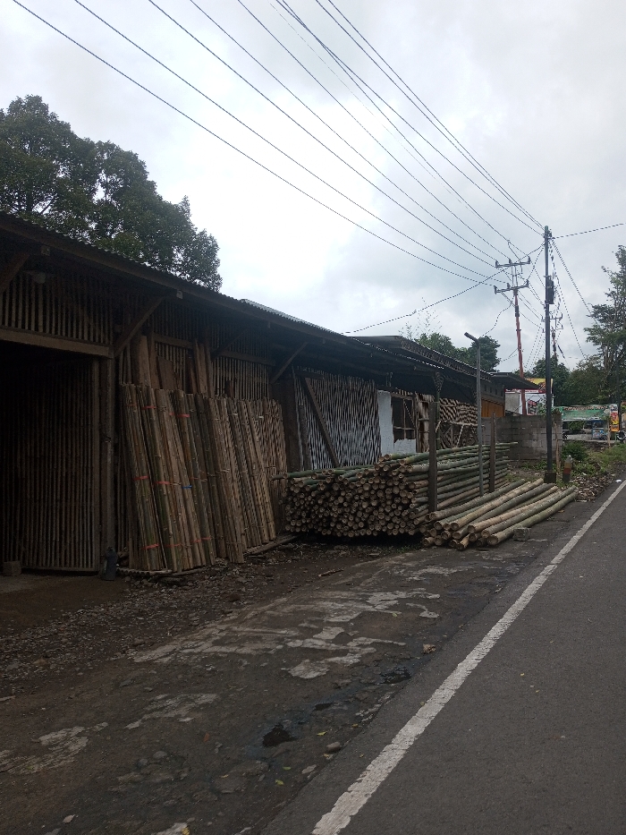 A roadside scene with a weathered, bamboo-built structure displaying stacks of bamboo poles. Some are bundled and leaning against the building, while others are piled in neat stacks. A narrow road runs along the side, and overhead power lines crisscross the cloudy sky. In the distance, hints of greenery and other buildings can be seen. The ground is uneven and shows signs of wear.
