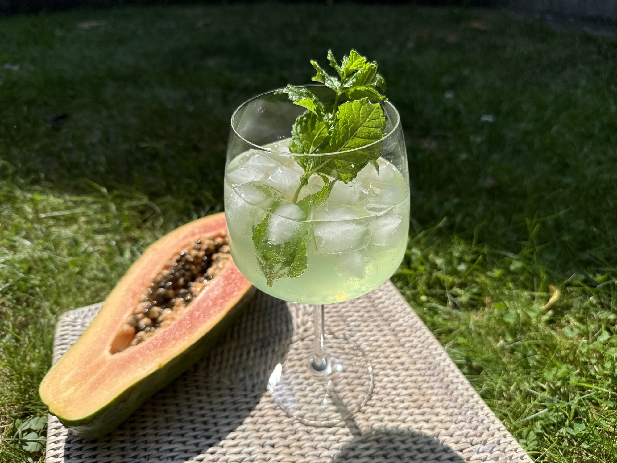 A close-up, eye-level, outdoor shot depicts a half-cut papaya and a tall, stemmed glass filled with a light green, iced beverage and garnished with mint leaves. The scene is set in a grassy area, likely a garden, with sunlight casting shadows. The papaya, positioned to the left of the glass, reveals its vibrant orange flesh and numerous black seeds. The glass, placed on a woven mat, contains ice cubes and is topped with fresh mint sprigs. The background consists of green grass, typical of a park or garden, suggesting the image was taken in a natural setting. Without further information, the precise location in Bad Sachsa, Germany cannot be determined. The image appears to be a still life composition, focusing on refreshment and possibly a tropical theme, with the bright sunlight contributing to a summery atmosphere. No people are present in the frame.