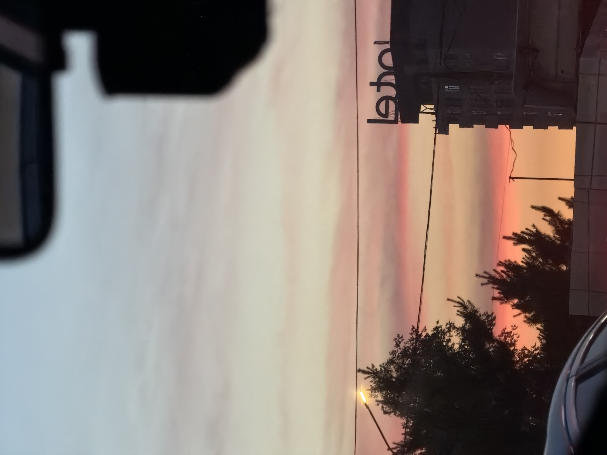 The image shows a view from inside a vehicle, likely a car, in Bishkek City, Kyrgyzstan. The foreground is partially obscured by the vehicle's interior, specifically a side mirror on the left and a portion of the dashboard or passenger side on the right.
The midground is dominated by an urban landscape at sunset. A building is visible, with a sign reading "lebol" vertically. Trees partially obscure the building. A street lamp and some electrical wires are present.
The background features a colorful sunset, with hues of pink, orange, and light blue. The sky appears cloudy or streaked with color.