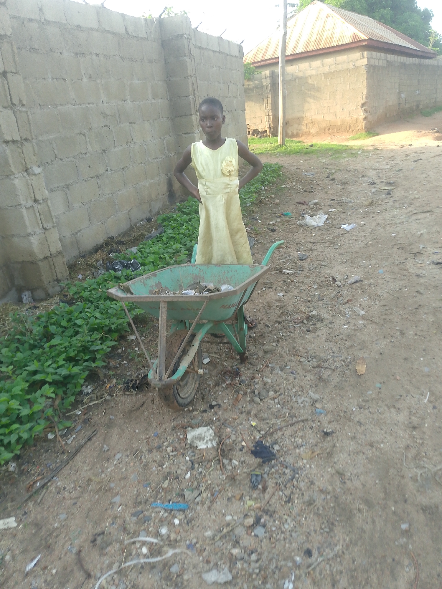 A young girl stands next to a green wheelbarrow filled with debris. She wears a light yellow dress with a floral embellishment on the chest. The girl has her hands on her hips and is looking towards the camera. The wheelbarrow has a single wheel and appears to be made of metal. The background consists of a rough brick wall on the left and a building with a corrugated metal roof on the right. The ground is a mix of dirt, gravel, and scattered litter, suggesting an outdoor, possibly unkempt, area within Jalingo, Nigeria. Lush green vegetation grows along the base of the brick wall.