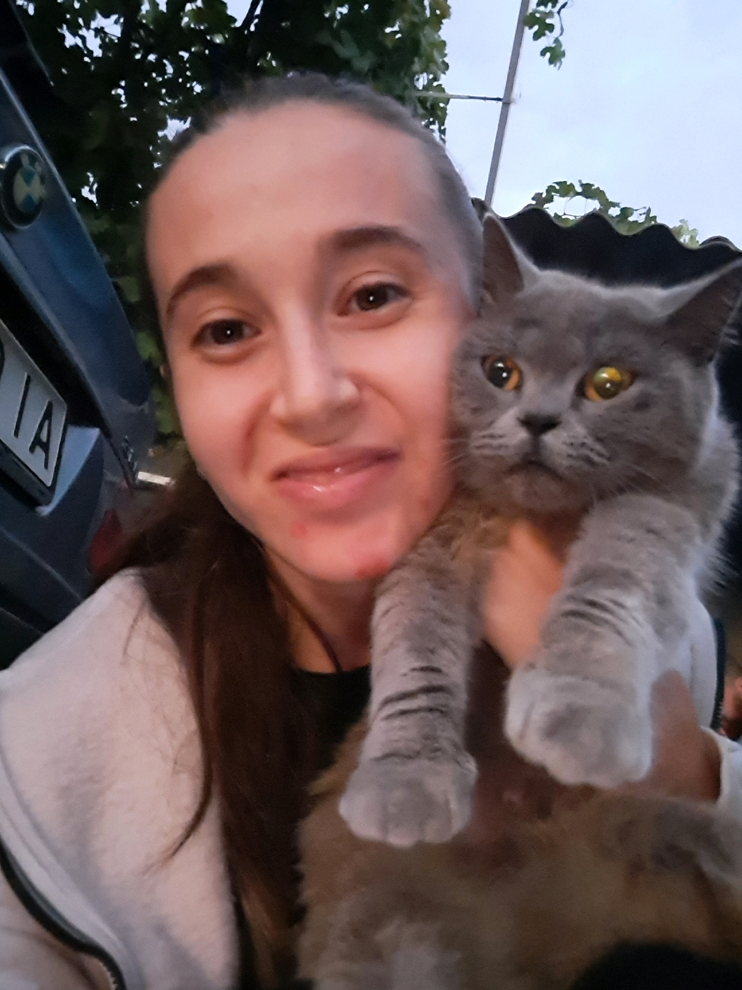 A young woman with brown hair pulled back holds a gray cat. The woman is smiling and looking at the camera. The cat is looking at the camera with its mouth slightly open. The woman is wearing a light pink hoodie. The cat is a British Shorthair breed. The background is blurred and shows some trees and a car. A license plate with "IA" visible is on the car. The scene appears to be outdoors in Vypasne, Ukraine.