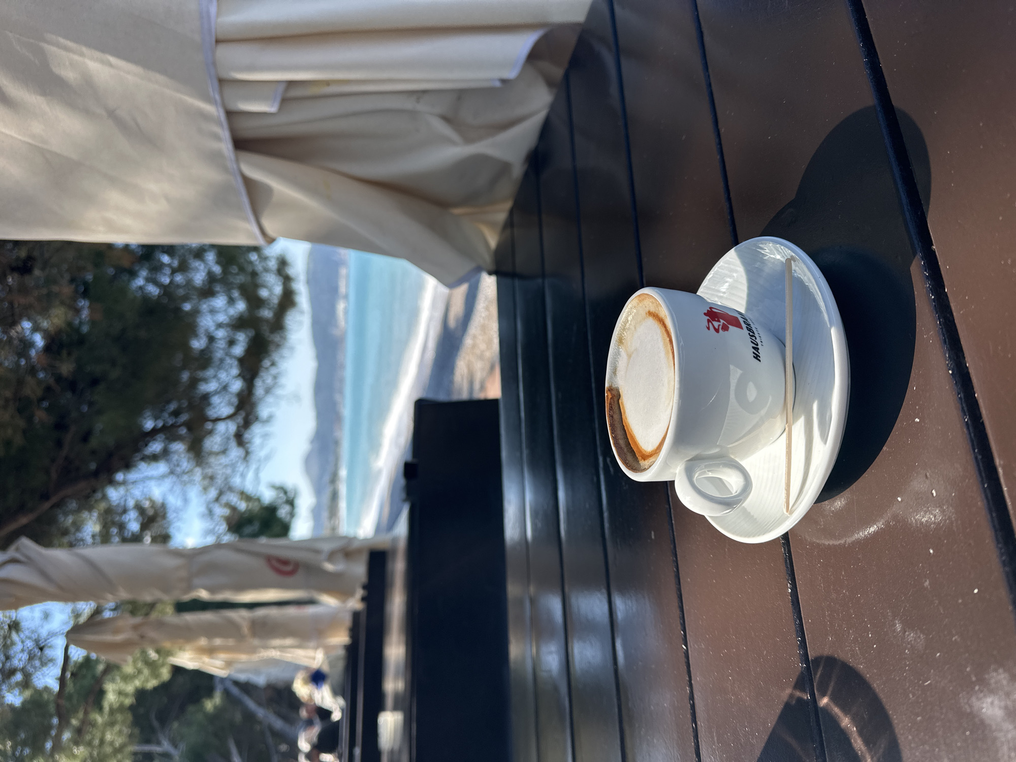 The image shows a cup of cappuccino on a saucer sitting on a brown wooden table, likely outdoors. A small wooden stirring stick is on the saucer next to the cup. The cup is white and has red writing. In the background is a beach, trees, umbrellas, and the sea. The scene is likely taken at a cafe on the beach in Šušanj, Montenegro.
