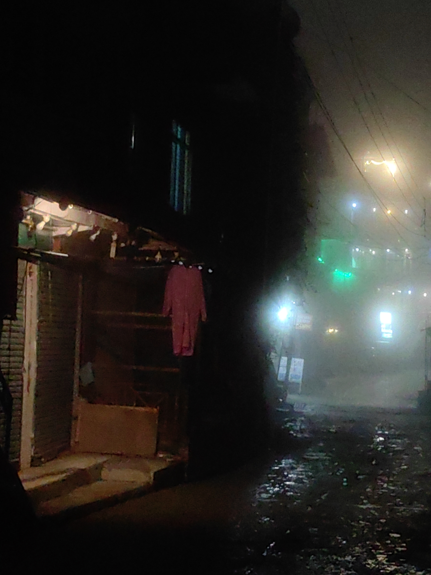 This image depicts a dimly lit, narrow street in Vashisht, India, likely at night. The scene is characterized by fog or mist, which diffuses the light from street lamps and other sources, creating an atmospheric and somewhat mysterious ambiance.
On the left side of the frame, a building with a dark facade is visible. It appears to be a shop or dwelling with a covered entrance and steps leading up to it. A pink garment, possibly a robe or dress, hangs from a clothesline outside the building, illuminated by a faint light. Some string lights are also visible along the overhang of the building.
The street itself is wet and reflects the scattered lights, suggesting recent rain or damp conditions. Debris is scattered on the ground. In the background, several street lights are present, some emitting a bright white or yellowish glow, while others appear to be colored, with a notable green light source in the mid-ground. Power lines crisscross the upper portion of the scene, further contributing to the urban streetscape. The fog obscures details in the distance, giving the impression of a dense and perhaps uninviting environment. No people are clearly visible in the frame. The overall impression is one of a quiet, possibly deserted, street on a foggy night in Vashisht.