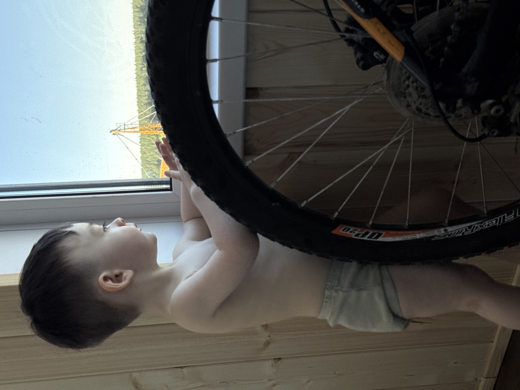 A young child stands facing a window, with a bicycle wheel positioned in front of them. The child is fair-skinned, with dark hair and is wearing light-colored shorts. The window looks out onto a blue sky and a cityscape, including a construction crane. The scene is indoors, with wood paneling visible on the wall. The location is Izhevsk, Russia.