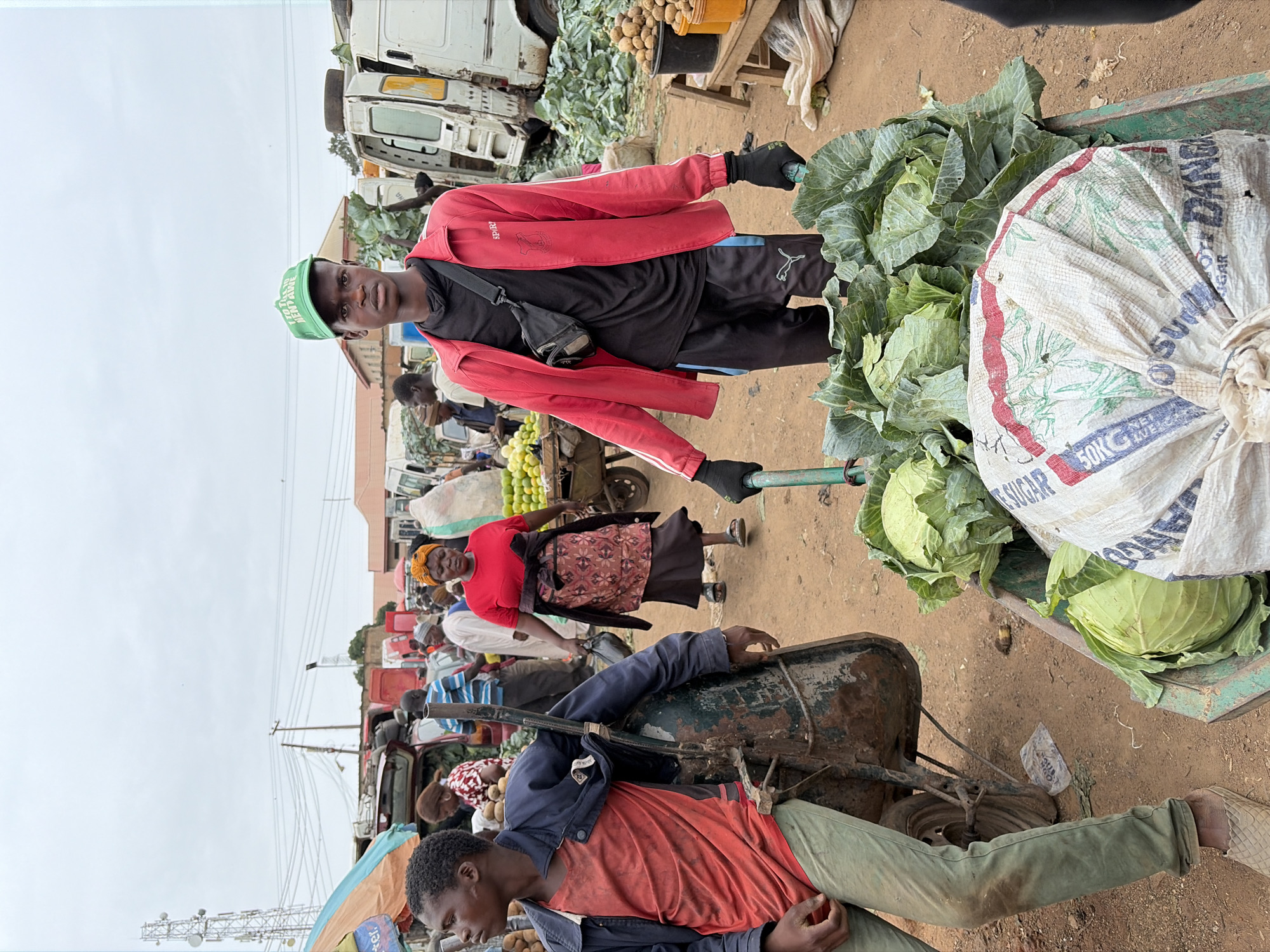 The image depicts a bustling outdoor market scene in Gura Top, Nigeria. Several individuals are visible amidst various vendors and their wares. A man in a red jacket and green cap stands beside a wheelbarrow filled with cabbages and a large sack labeled "Sugar." Another man is leaning against a separate, older wheelbarrow. Various fruits and vegetables are visible, along with a collection of trucks parked in the background. Other people are interacting at the market stalls. A telecommunications tower is also seen in the distance. The environment appears to be a dirt or gravel lot.