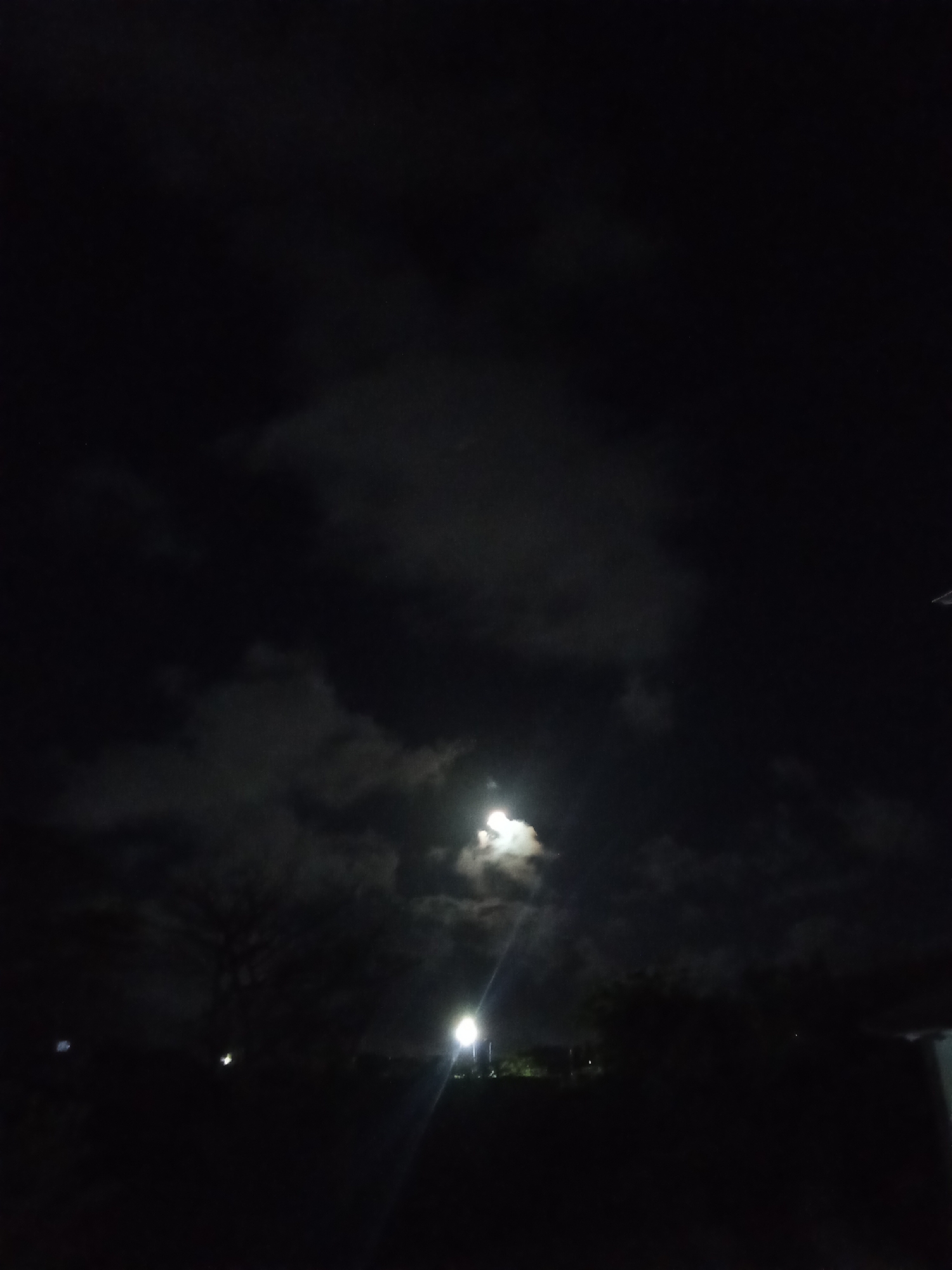 A nighttime scene in Juan Griego, Venezuela, shows a dark sky with scattered clouds partially obscuring the moon. The horizon line is barely discernible, with silhouettes of trees and vegetation. A bright light source, likely a streetlamp, illuminates the ground in the middle distance.