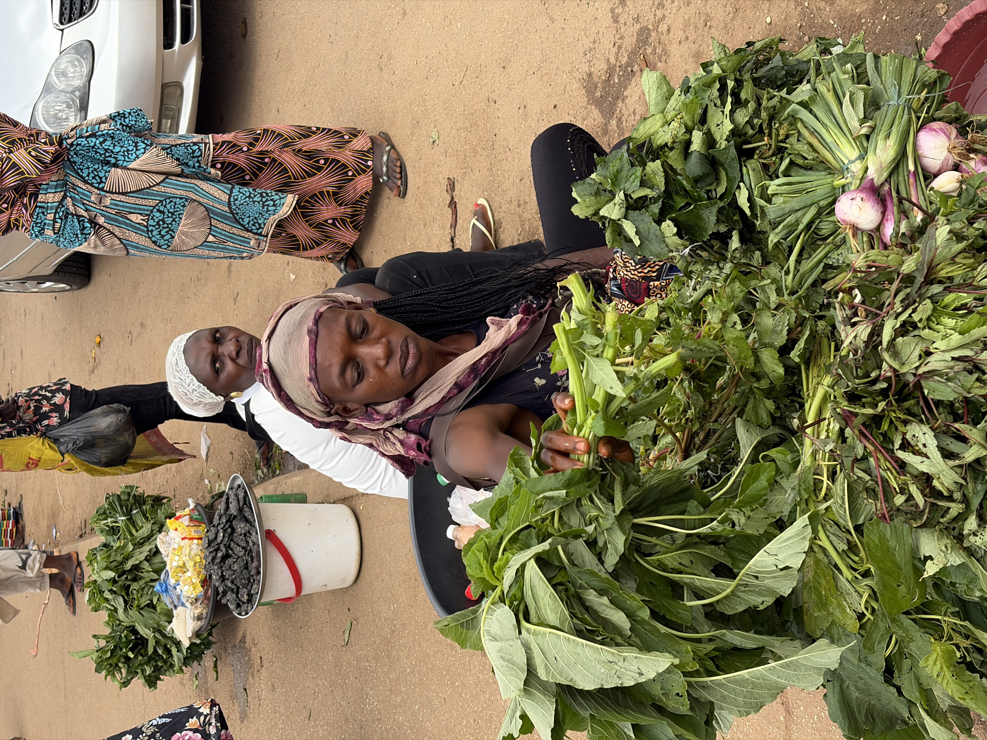 This vertical image captures an outdoor market scene in Bukuru, Nigeria, featuring several women and various produce. In the foreground, a woman with dark skin and braided hair, wearing a dark top and a patterned headscarf (purple, maroon, and white), is seated. Her eyes are closed or cast downwards as she holds a large bunch of green leafy vegetables.
Behind her and to the left, another woman with a lighter headscarf (white) and a dark top looks directly at the camera with a slight smile. Further left, partially visible, a woman stands near a white car, wearing a vibrant, patterned long skirt or dress with blue, black, pink, and orange designs. Other people are hinted at by visible feet and legs.
The ground is unpaved, appearing as dirt or sand. Numerous objects fill the market space. Prominently displayed are large quantities of green leafy vegetables, including bundles of green onions and purple onions or shallots. These are arranged in a black plastic basin and on the ground. A white bucket with a red handle holds more produce, including what appear to be small dark dried items (possibly kola nuts), and yellow and blue packaged goods (possibly seasoning cubes).
The scene depicts a bustling local market, likely during daytime under natural light. The women appear to be vendors, engaged in selling their goods. No discernible text is visible in the image.