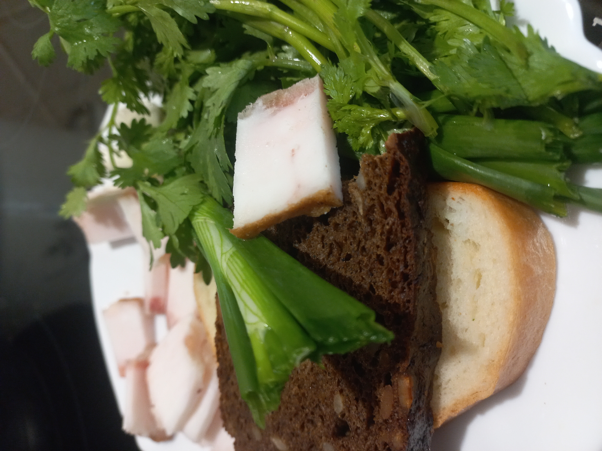 The image depicts a plate of food, likely a Ukrainian appetizer or snack. On the left, there are several slices of salo, a cured pork fat. Next to the salo are slices of brown bread and white bread. On top of the bread are some fresh green onions, parsley, and celery. The scene is likely located in Kyiv, Ukraine, given the ingredients, particularly the salo, which is a traditional Ukrainian food.