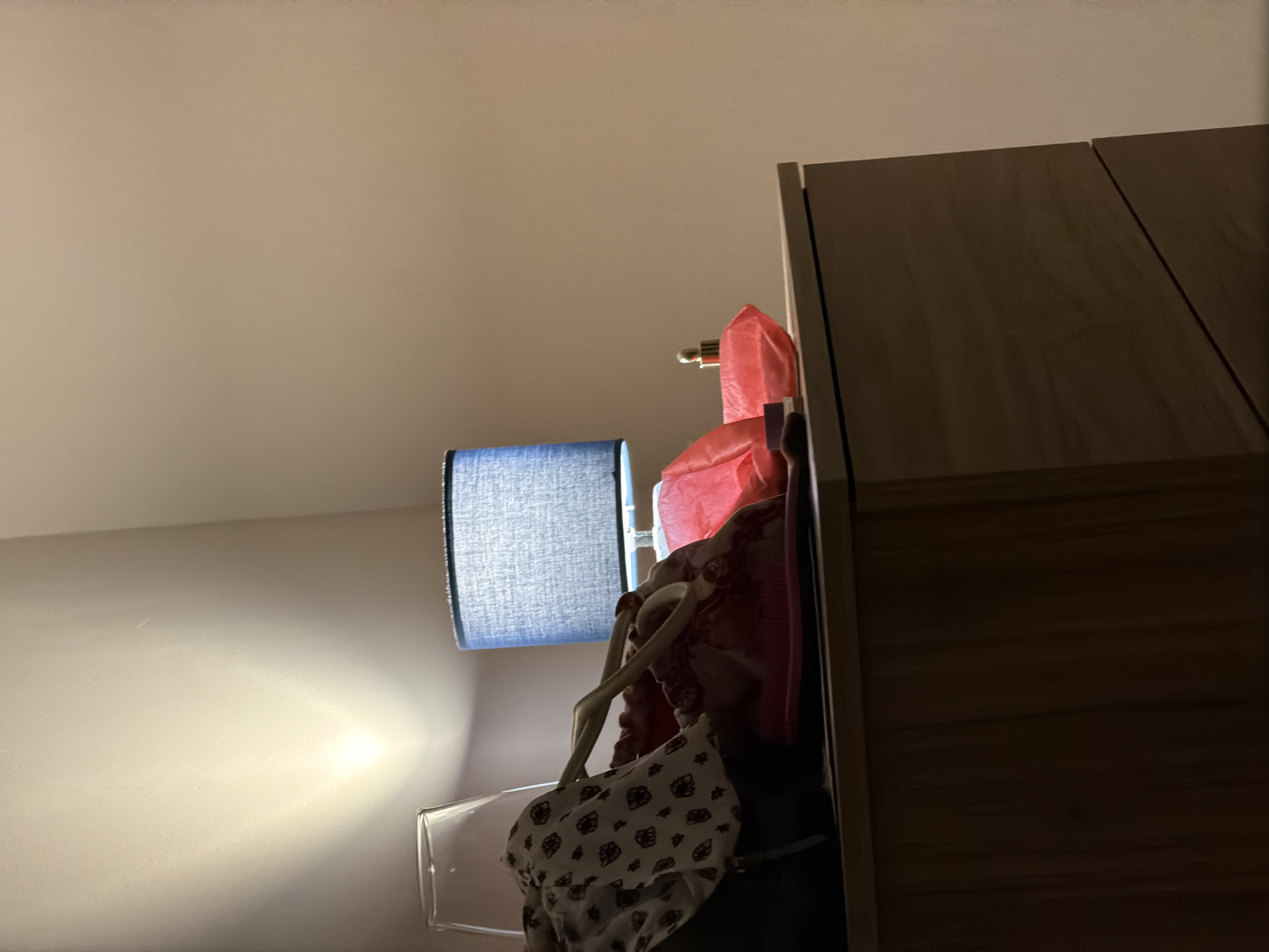 The image shows a corner of a room. A blue lampshade casts light on the wall. Clothes and bags are hanging on a rack or hooks near a wooden cabinet. The specific location in Catania, Italy cannot be determined from the image.