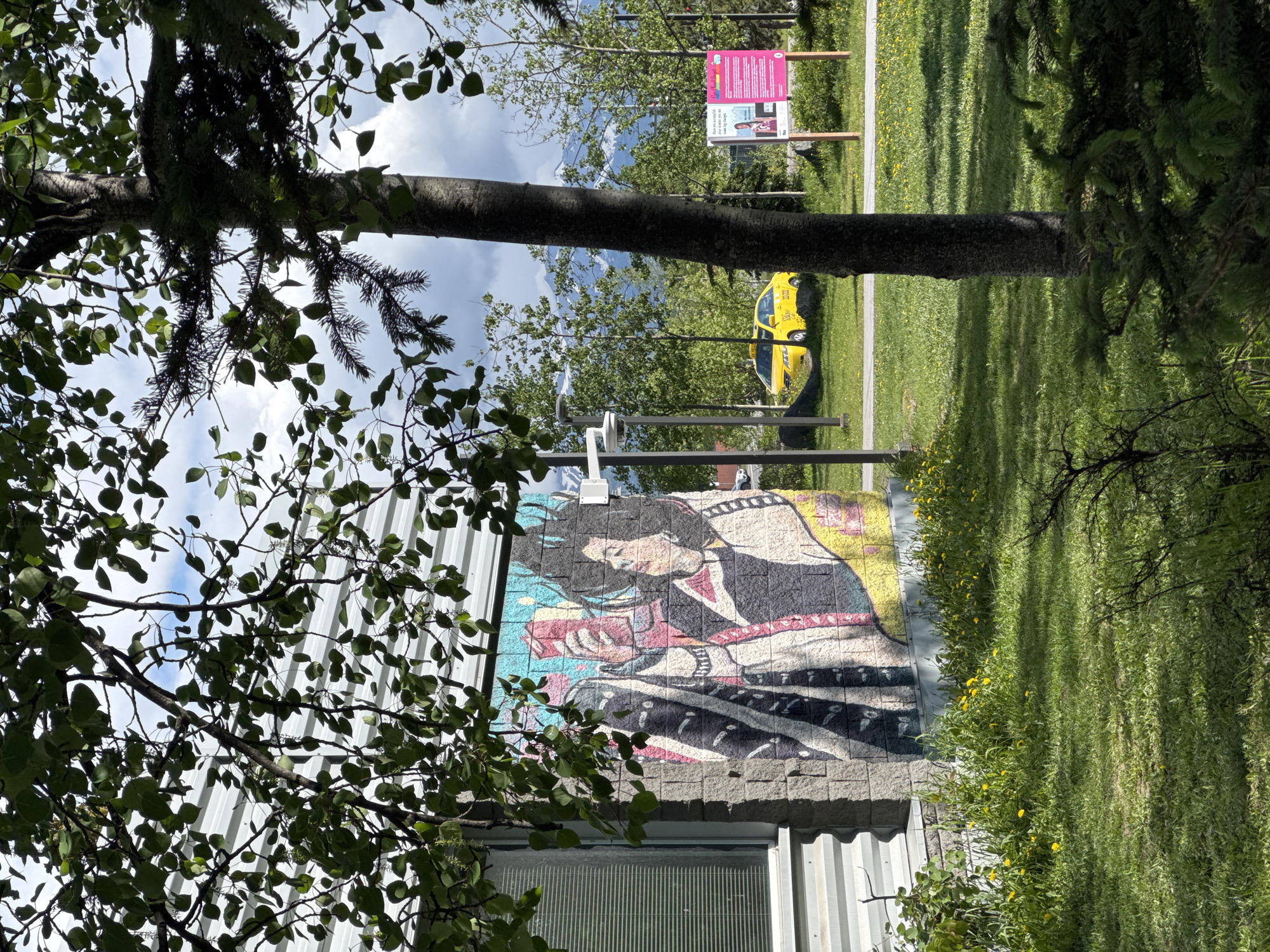 The image captures a mural on the side of a building in Anchorage, Alaska. The mural depicts a person with dark hair, wearing a patterned garment, and holding a red object. The building's exterior is a mix of corrugated metal and stone block construction. In the background, a yellow taxi is parked on a paved area. Beyond the taxi, trees line the landscape, leading to a distant mountain range capped with snow. Two pink informational signs are visible on wooden posts in the middle ground. The foreground is a grassy area with scattered yellow wildflowers, and a large tree trunk stands prominently in the right half of the frame, partially obscuring the view of the background. Overcast skies with patches of blue and white clouds are present overhead.