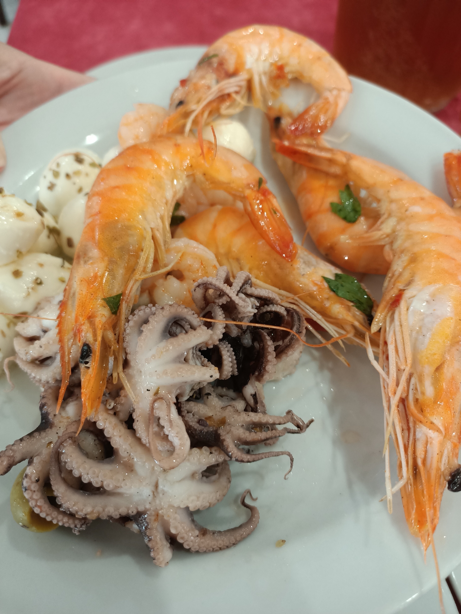 A close-up shot shows a plate of seafood in an unknown location. The plate is white and filled with several cooked prawns and small octopuses. Some small white balls, possibly mozzarella, are also visible on the left side of the plate, sprinkled with herbs. The seafood appears to be seasoned and garnished with parsley. In the background, a blurred red surface and a glass of amber liquid are visible, suggesting a dining setting. The lighting is bright, highlighting the texture and colors of the food.