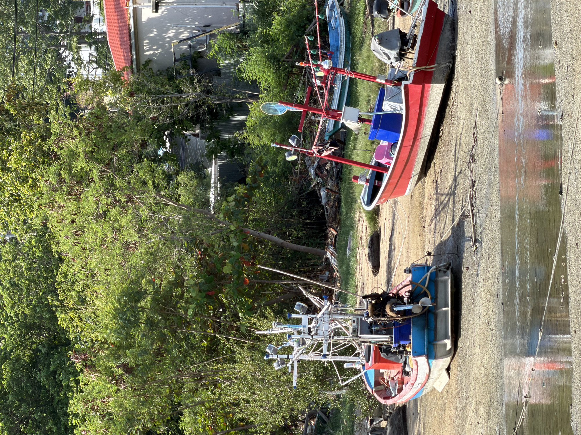 The image depicts a coastal scene in Baan Plai Laem, Thailand, featuring several small fishing boats resting on a muddy shore. In the foreground, two boats are prominently displayed. The boat on the left is red and blue, equipped with a complex array of lights and equipment on its superstructure. The boat on the right is predominantly red with a grey hull, also outfitted with some navigational and lighting equipment, and an engine cover. In the background, lush green trees line the shore, with a building with a red roof visible behind them. Another blue boat is partially visible behind the red and white boat. The environment appears to be a natural setting with sand, mud, and vegetation, suggesting a small fishing village or a less developed coastal area. The lighting indicates it is daytime, with sunlight casting shadows.