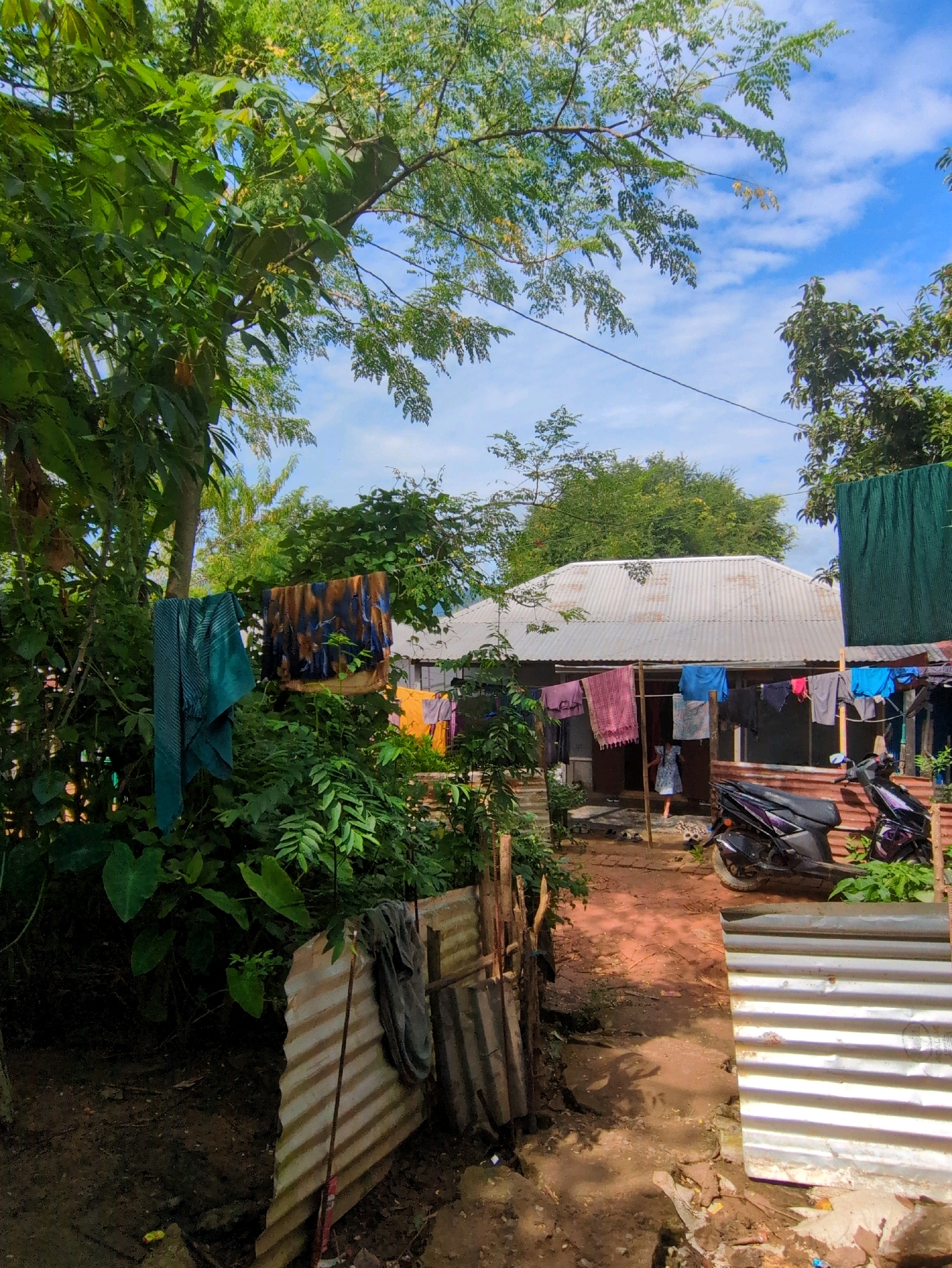 In Gachirampara, India, a residential scene unfolds with a weathered corrugated metal roof covering a home. Clothes are hung on a clothesline in front of the house, including colorful patterned fabrics and solid-colored garments. A young person in a light-colored dress stands near the entrance of the home. Two motorbikes are parked on the dirt path leading to the house. Lush green foliage surrounds the property, with trees and bushes providing shade. The sky above is a bright blue with scattered clouds. The overall impression is one of everyday life in a rural or semi-rural setting.