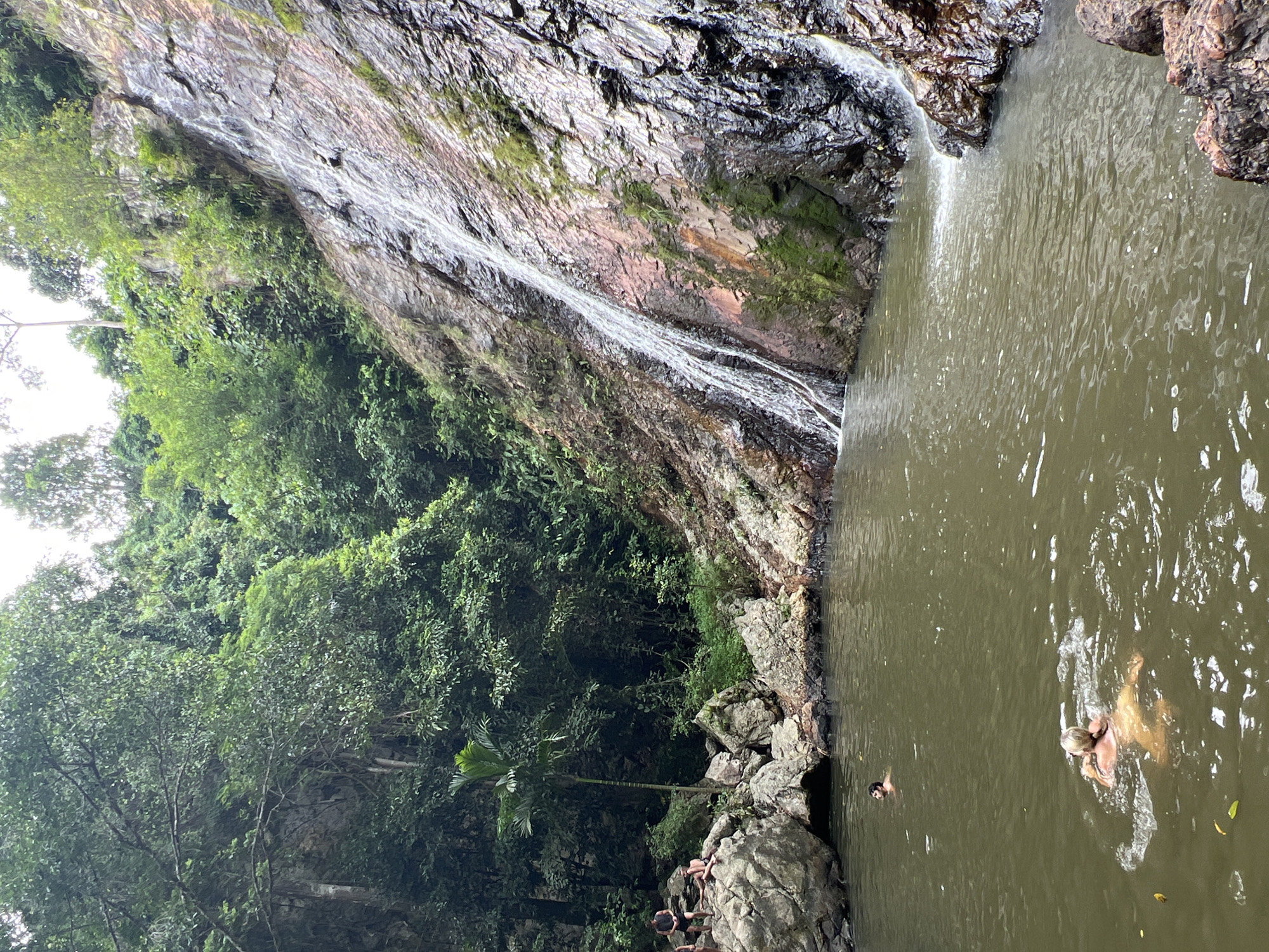 The image shows a natural waterfall with lush green vegetation on the surrounding cliffs. In the foreground, a large pool of murky water is visible, with two individuals swimming. One person, with blonde hair, is swimming closer to the viewer, creating ripples in the water. Another person, with dark hair, is swimming further away. Several large rocks are scattered around the edge of the pool, and some people are sitting on them in the background. The waterfall itself cascades down a rocky, wet cliff face, with water spraying at the bottom into the pool. The environment suggests a tropical or subtropical climate.
