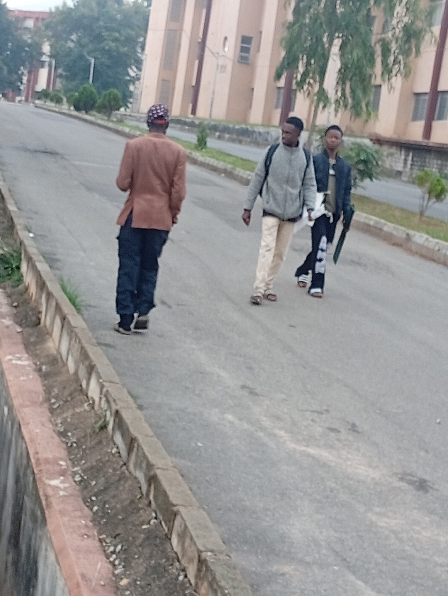 In Jos, Nigeria, three individuals are captured walking on a paved road with a concrete curb on the left. The person in the foreground, facing away from the camera, wears a brown jacket and dark pants, with a patterned cap. To their right and slightly ahead, two younger individuals are walking. The one on the left has a backpack and wears a grey zip-up jacket and light-colored pants. The person on the right, also facing away, is dressed in a dark jacket and dark pants with white stripes. In the background, a light-colored building with multiple windows stands behind a row of trees and smaller bushes lining the road. The sky appears overcast.