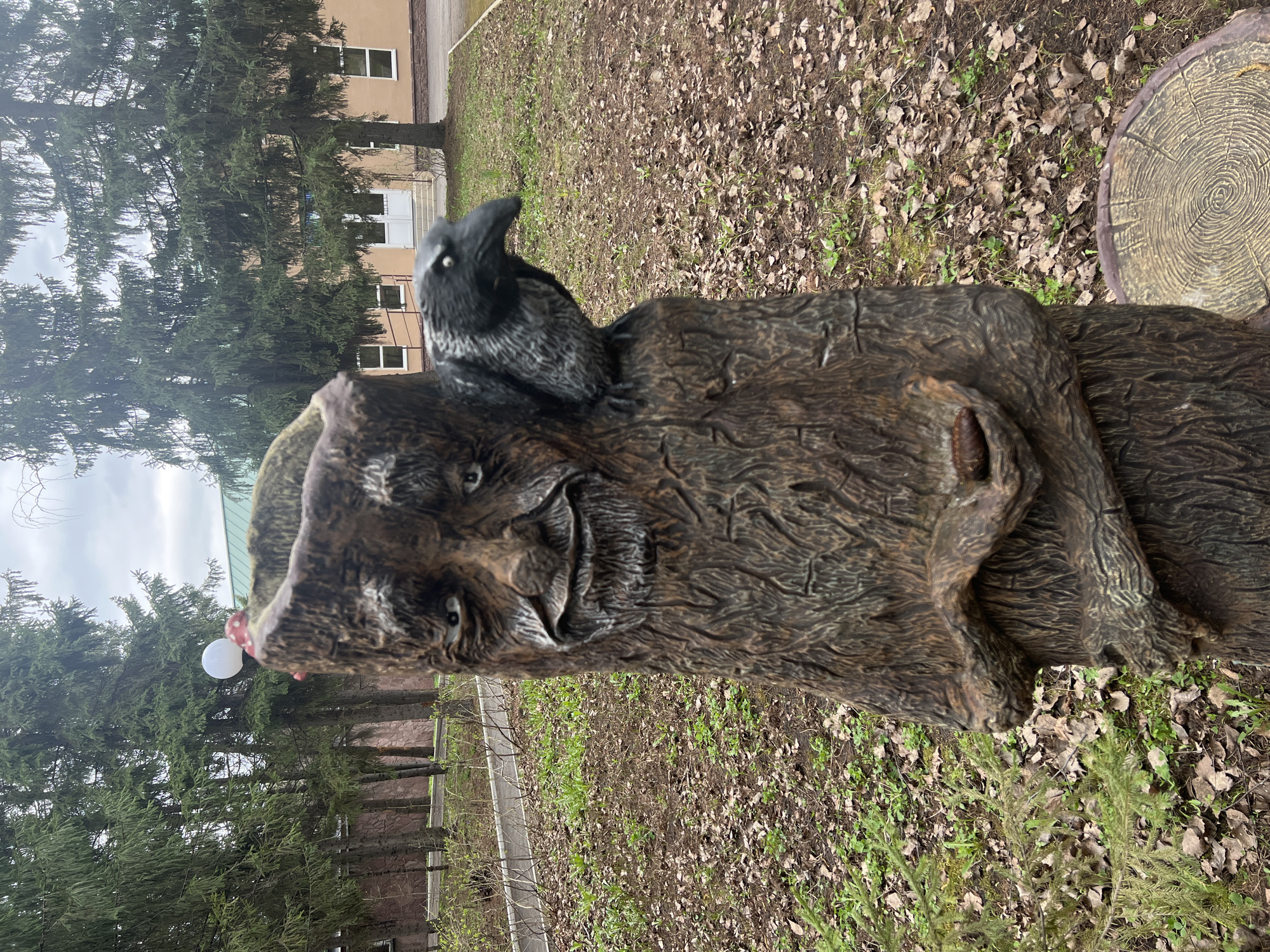 A low-angle, medium shot shows a carved tree stump in a park setting in Sanatoriya Yumatovo Imeni 15-Letiya Bassr, Russia. The stump has a face carved into it and a black bird sits atop its head. A smaller, round stump sits to the right. The ground is covered in fallen leaves and a few small plants. Trees are in the background, along with a building.